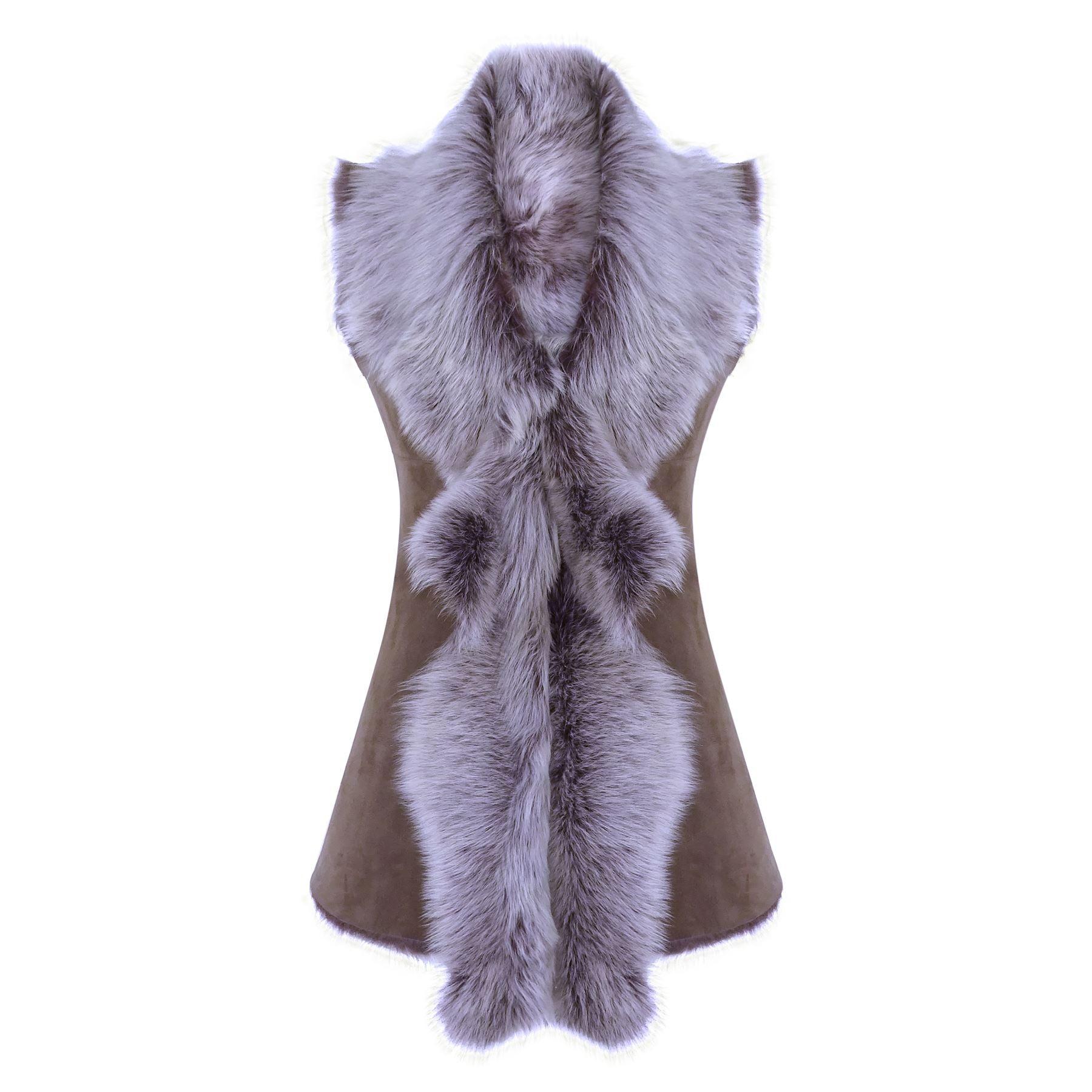 Ladies Women Real Spanish Shearling Sheepskin Toscana Taupe Long Waistcoat Gilet - Knighthood Store