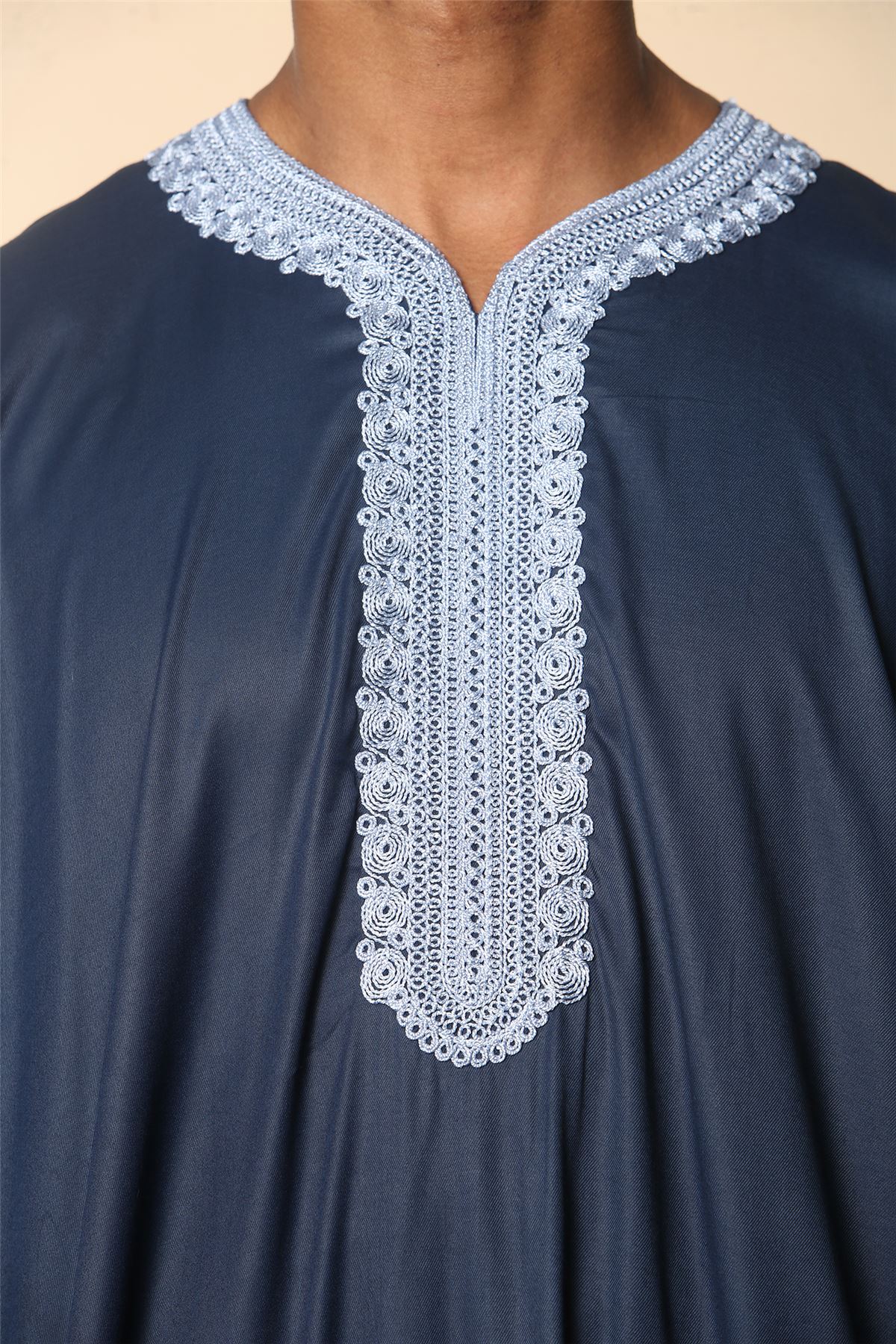 Men's Navy Moroccan Thobe Short Sleeve Gandoura Blue Embroidery Kaftan