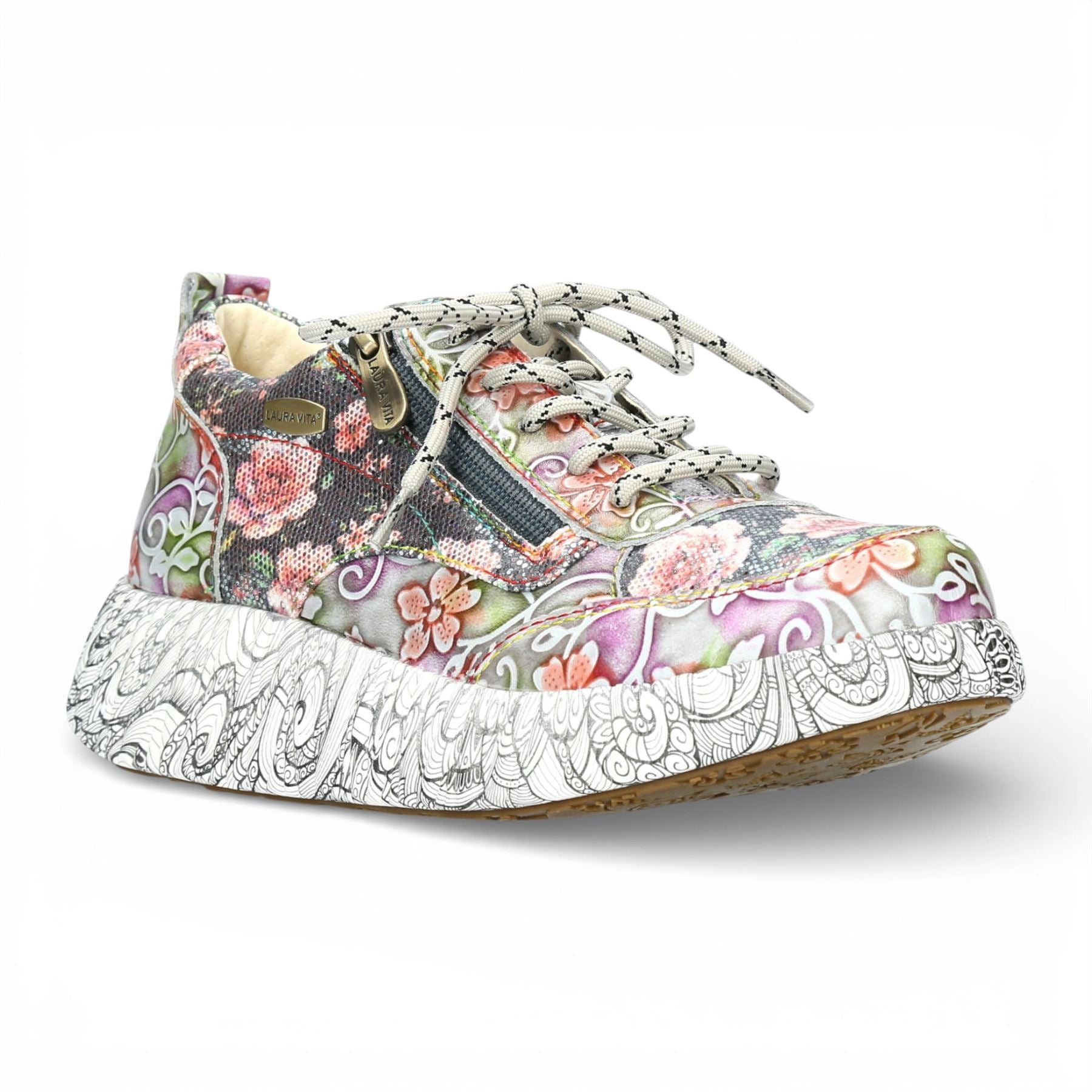 Nikito 62 - Women's Grey Floral Leather Platform Sneakers