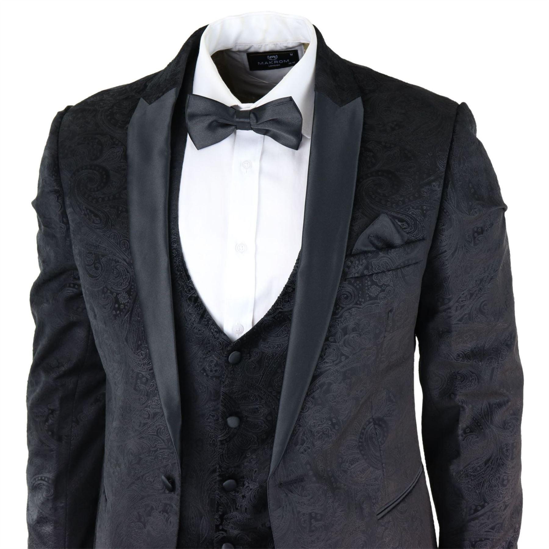 Mens Marc Darcy Velvet Paisley Black Fit 3 Piece Suit Tuxedo Dinner Jacket Wedding - Knighthood Store