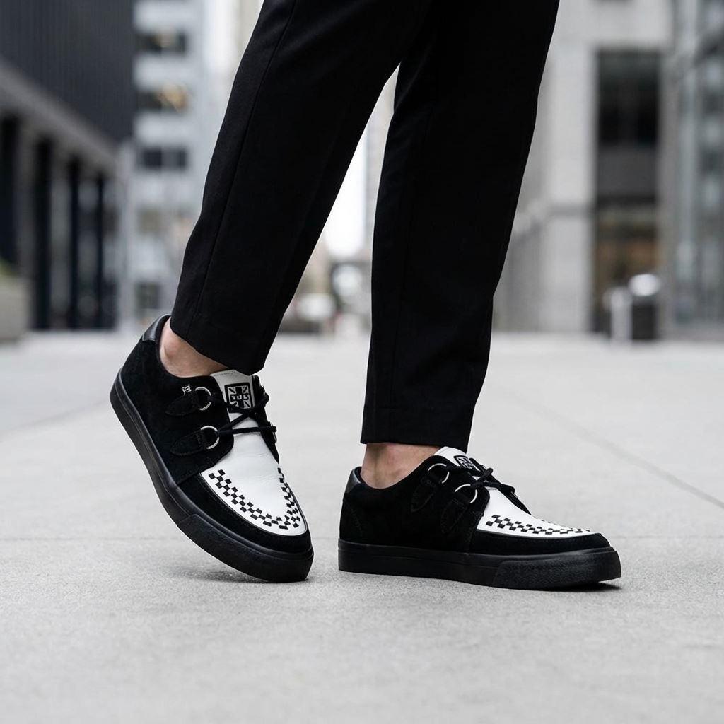 Pointed Creeper Sneaker Black White Leather Platform Shoes