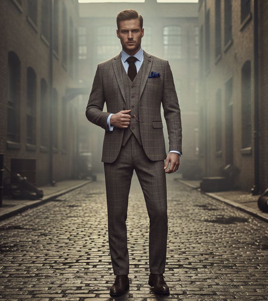 Harris - Men's Brown 3 Piece Herringbone Check Tweed Suit