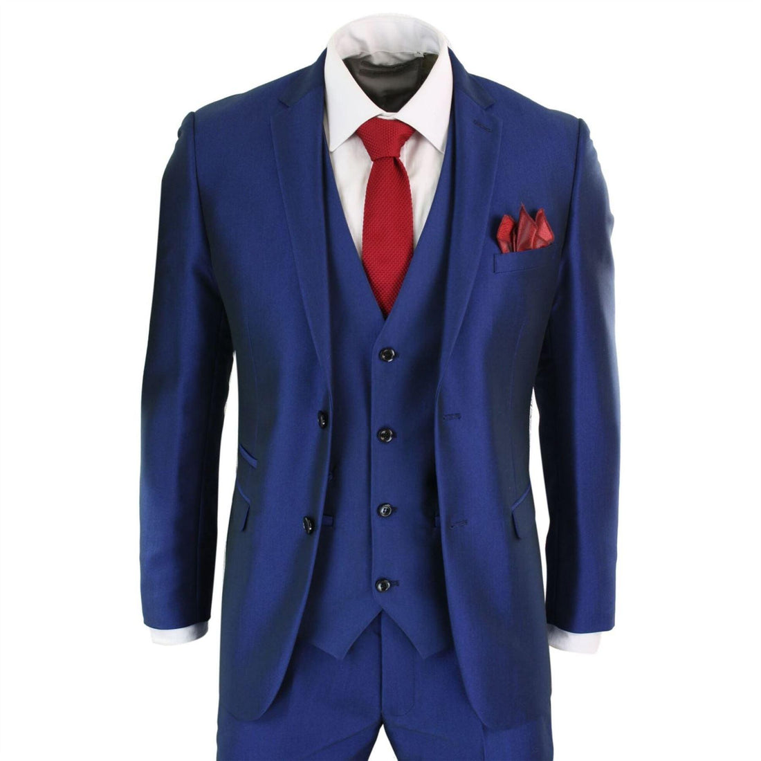 Mens 3 Piece Shiny Blue Wedding Prom Party Suit Tailored Fit Smart Formal - Knighthood Store