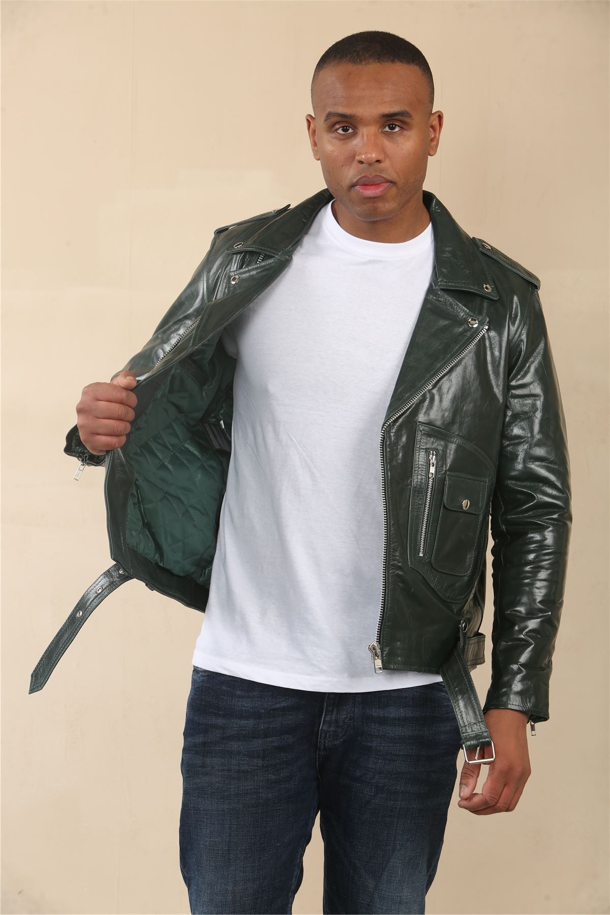 Men's Cow Hide Biker Brando Cross Zip Leather Jacket
