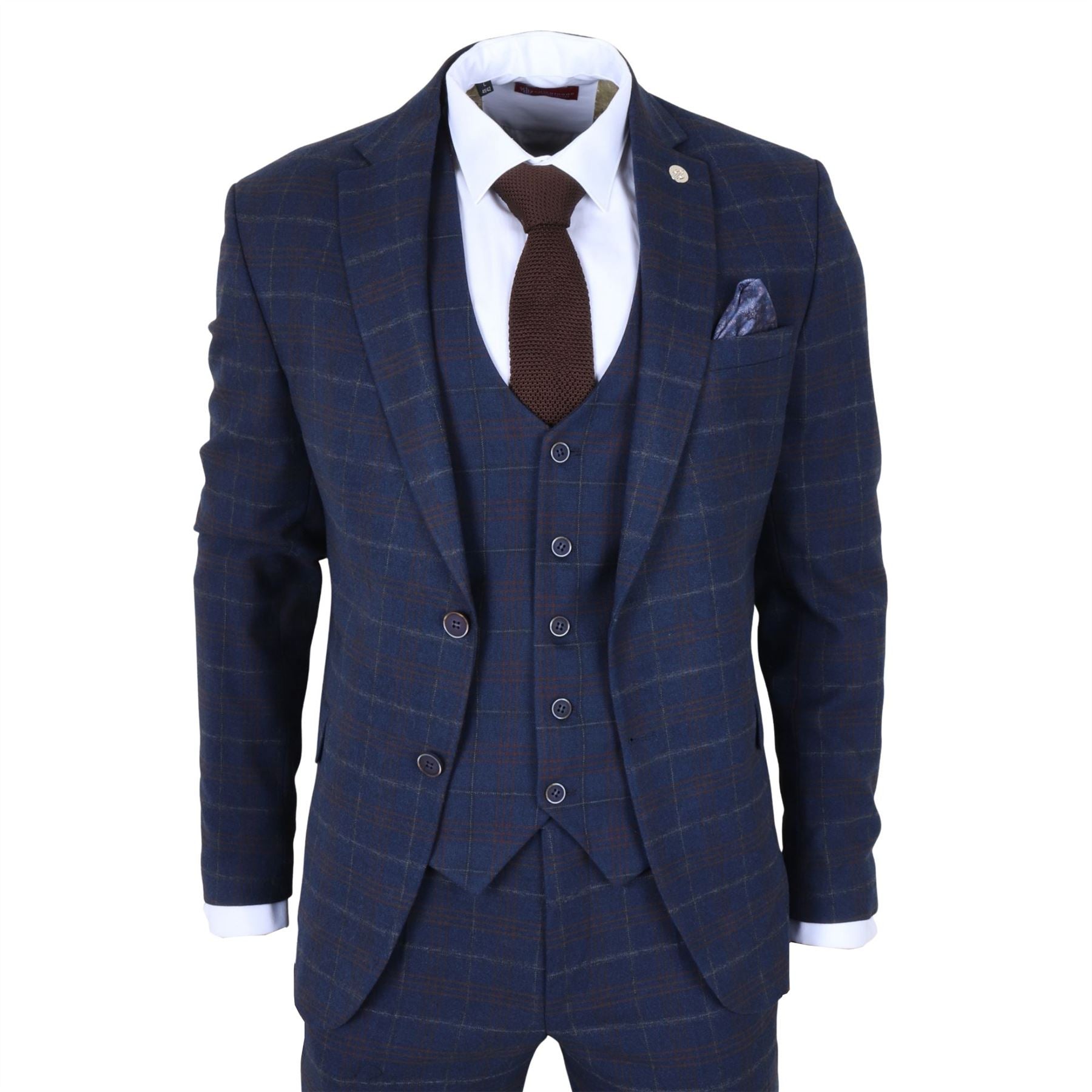 TP-34 - Men's 3 Piece Navy Plaid Check Tailored Fit Suit