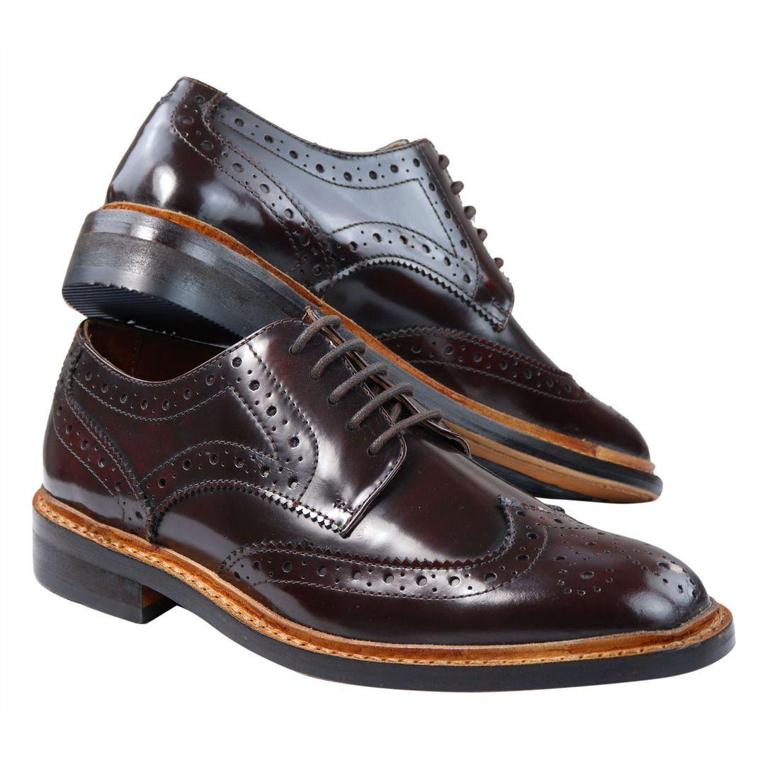 Mens Oxford Brogue Shoes Laced Leather Goodyear Welted Tan Brown Burgundy - Knighthood Store