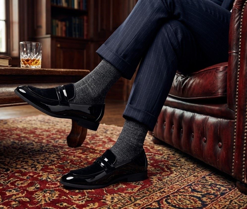 Men's Slip On Vegan Leather Velvet Detailed Patent Loafers