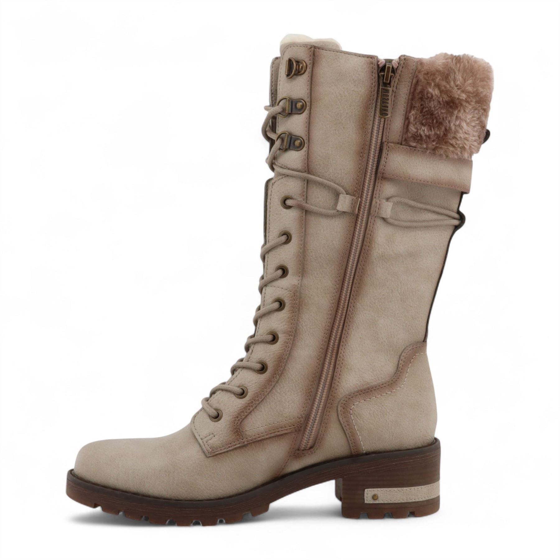 Women's Off White Mid-Calf Faux Fur Winter Combat Boots