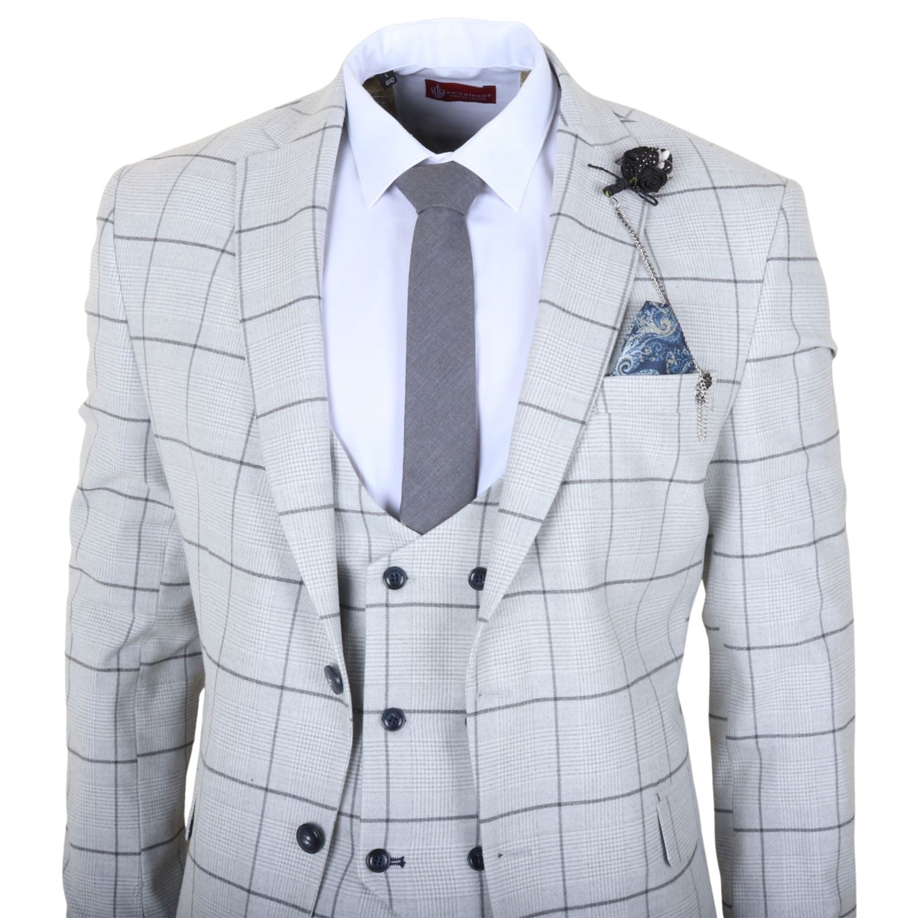 TP-33 - Men's 3 Piece Tailored Fit Grey Plaid Check Suit