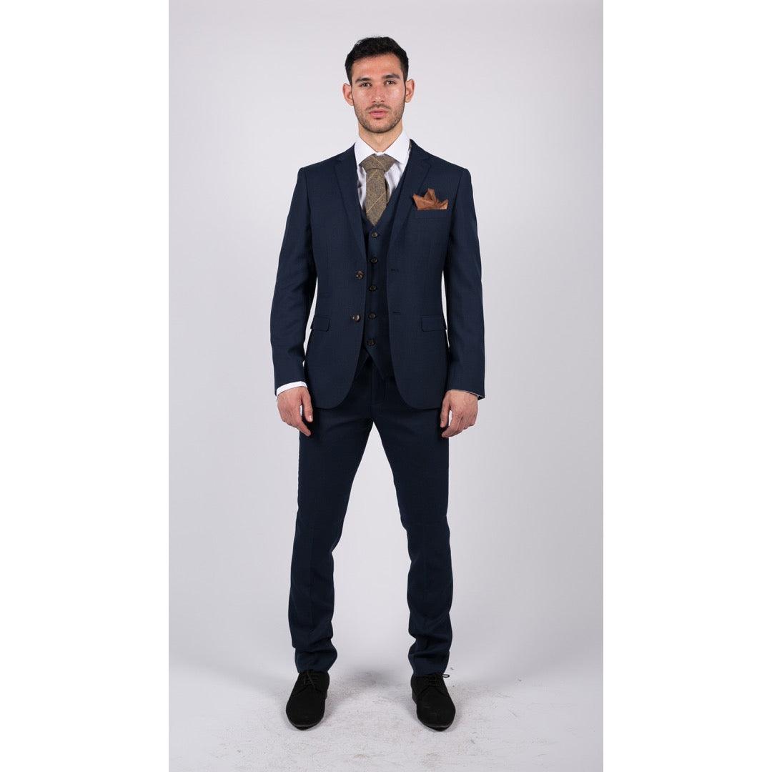 Mens Navy 3 Piece Suit Tailored Fit Smart Formal Classic Wedding Retro Vintage - Knighthood Store