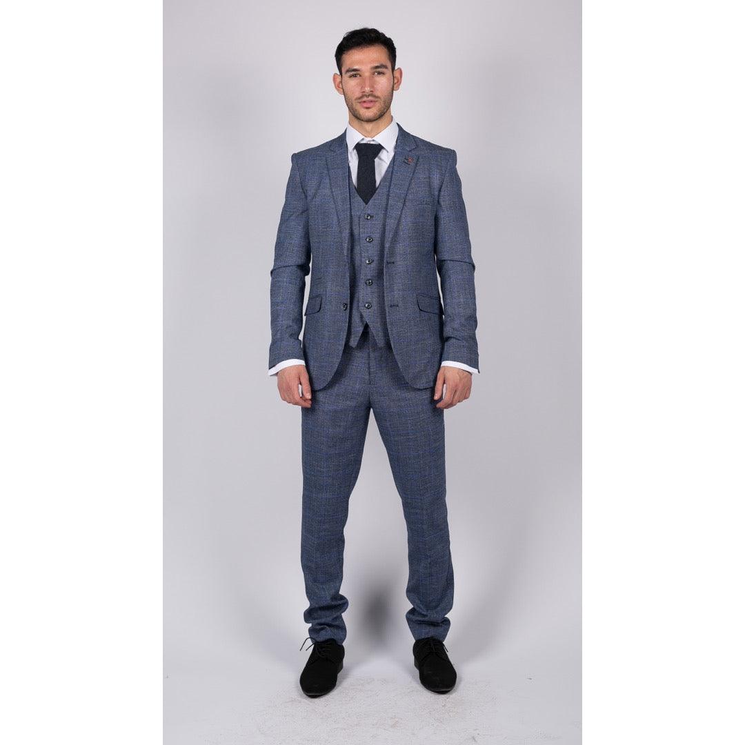 Mens 3 Piece Suit Blue Prince Of Wales Check Tailored Fit Summer Classic Vintage - Knighthood Store