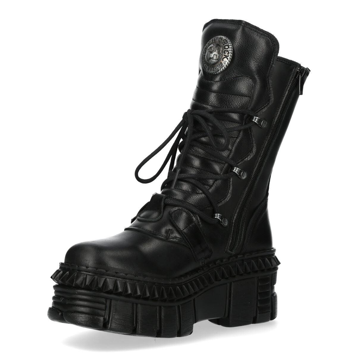 New Rock Boots Punk WALL373-S6 Unisex Metallic Black Leather Platform EMO - Knighthood Store