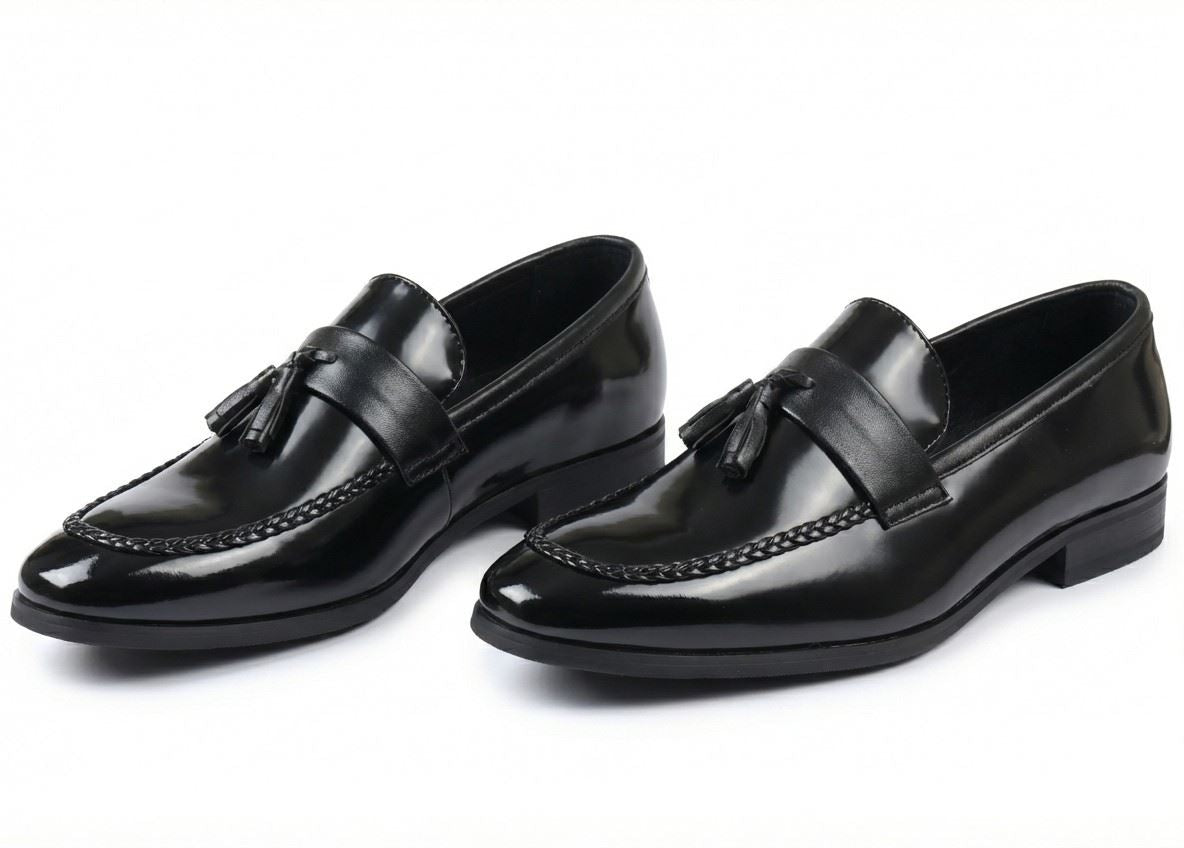 Men's Tassel Loafers High-Gloss Slip-On Moc Toe Formal Dress Shoes