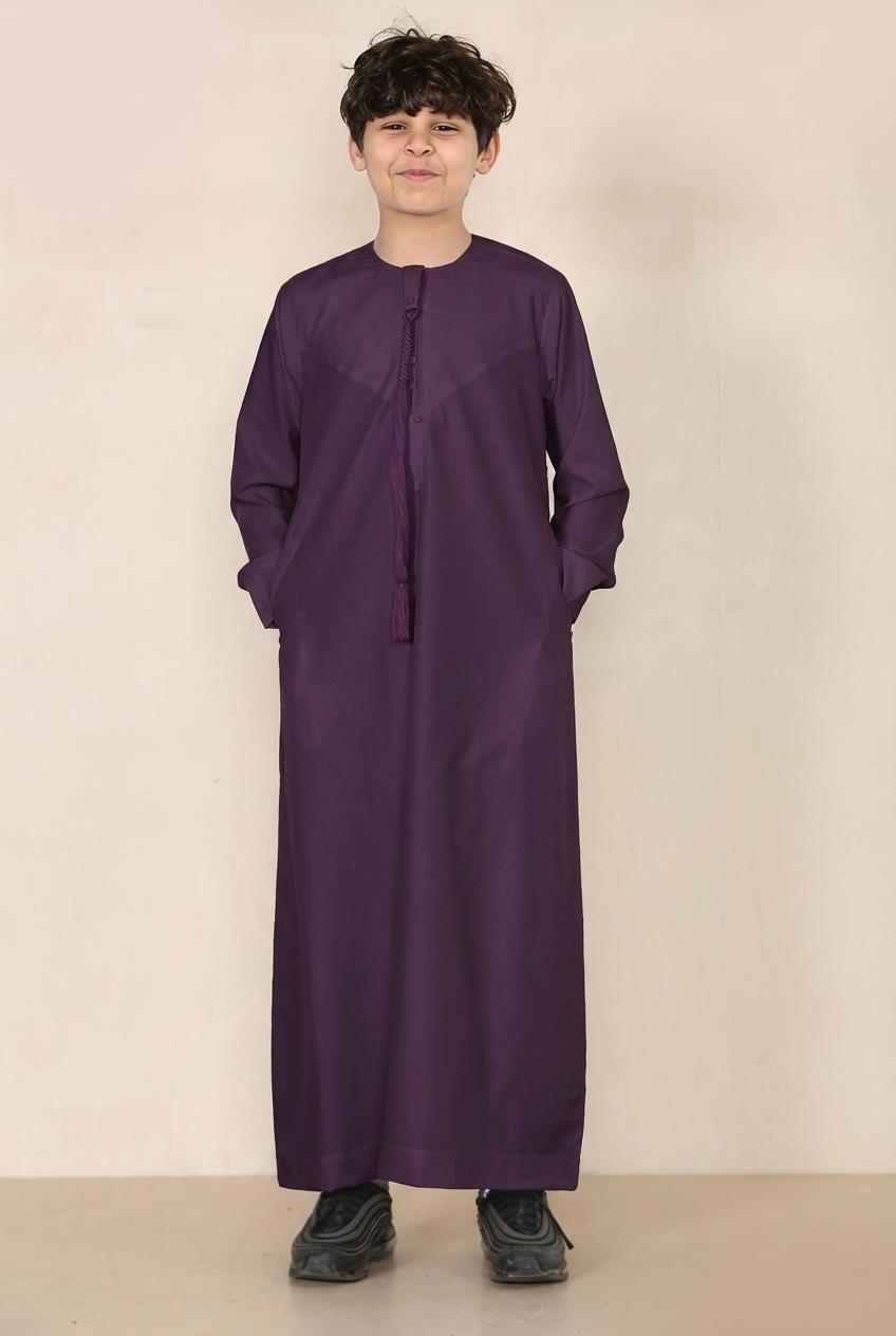 Boy's Thobe Emirati Omani Jubba Islamic Clothing Muslim Kaftan Eid Robe String Tassel | Purple
