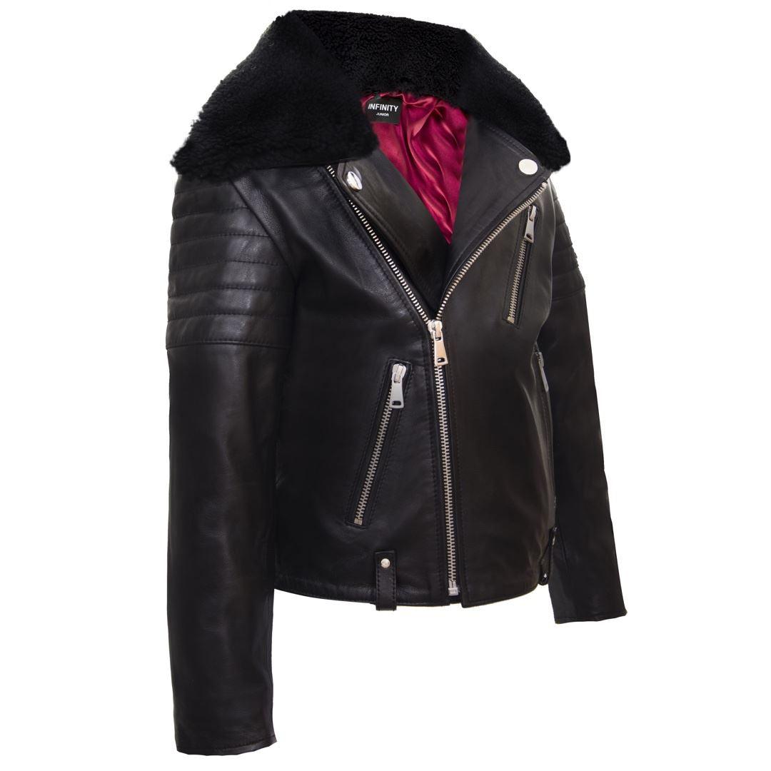 Boys Kids Real leather Biker Style Jacket Brando Cross Zip Black Fur Collar - Knighthood Store