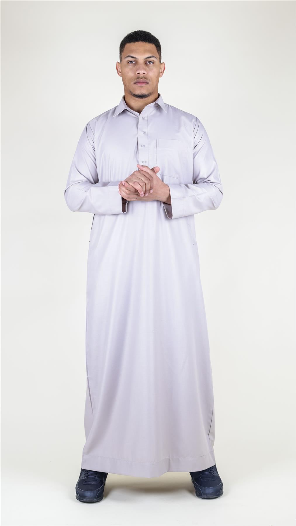 Mens Thobe Jubba Turn Down Collar Islamic Muslim Cotton Kaftan Dress Robe Arabic