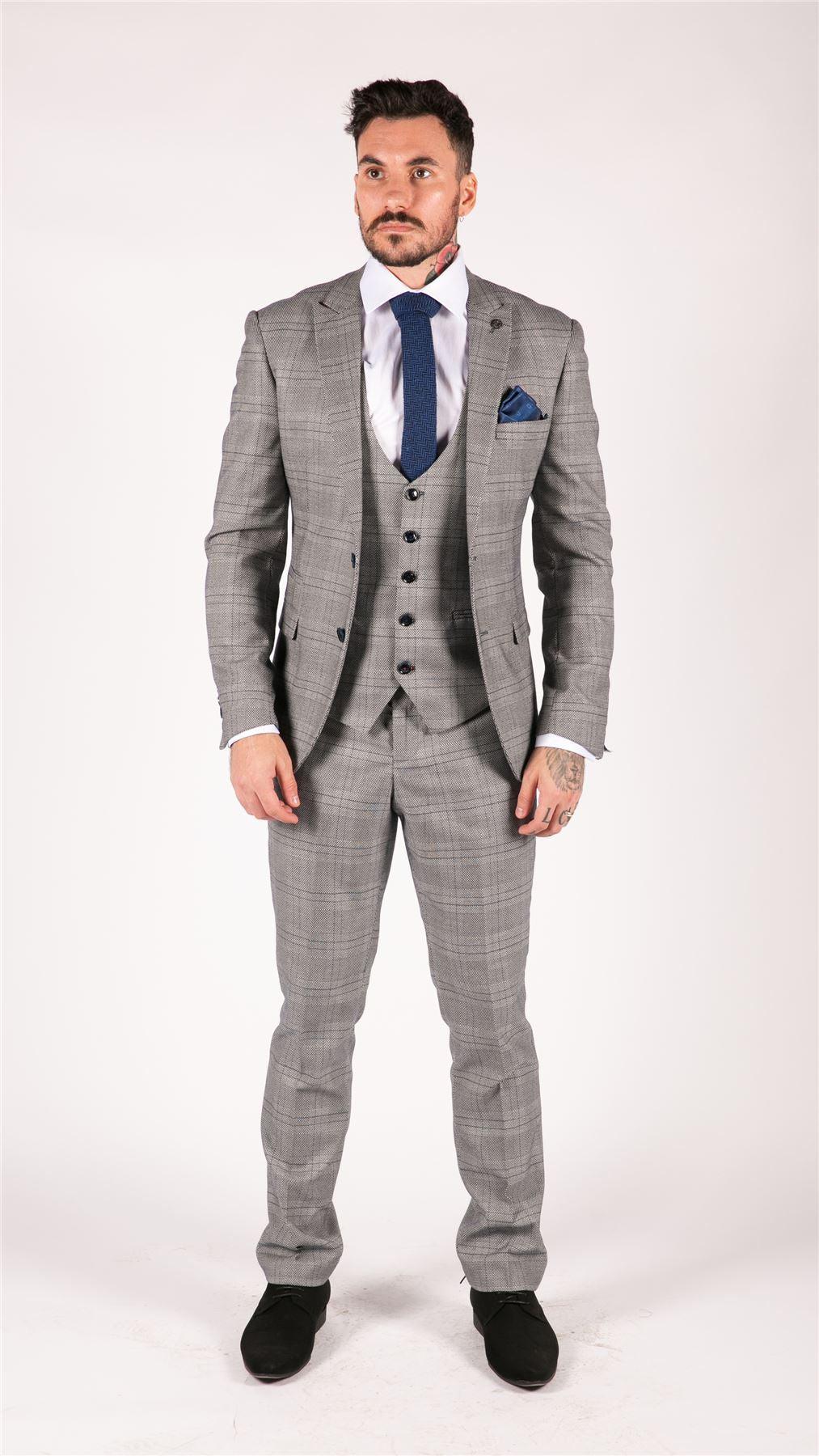 Mens Marc Darcy 3 Piece Suit Grey Prince Of Wales Blue Check Vintage Retro - Knighthood Store