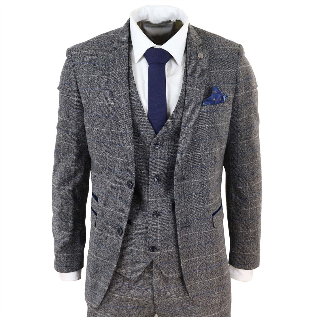 Mens Grey Check 3 Piece Suit Herringbone Tweed Vintage Tailored Fit Blue Velvet - Knighthood Store
