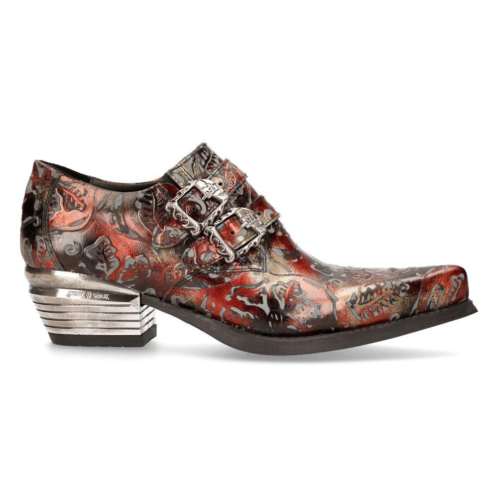 New Rock 7960-S5 Black Vintage Red Flower Leather Western Steel Paisley Shoes - Knighthood Store