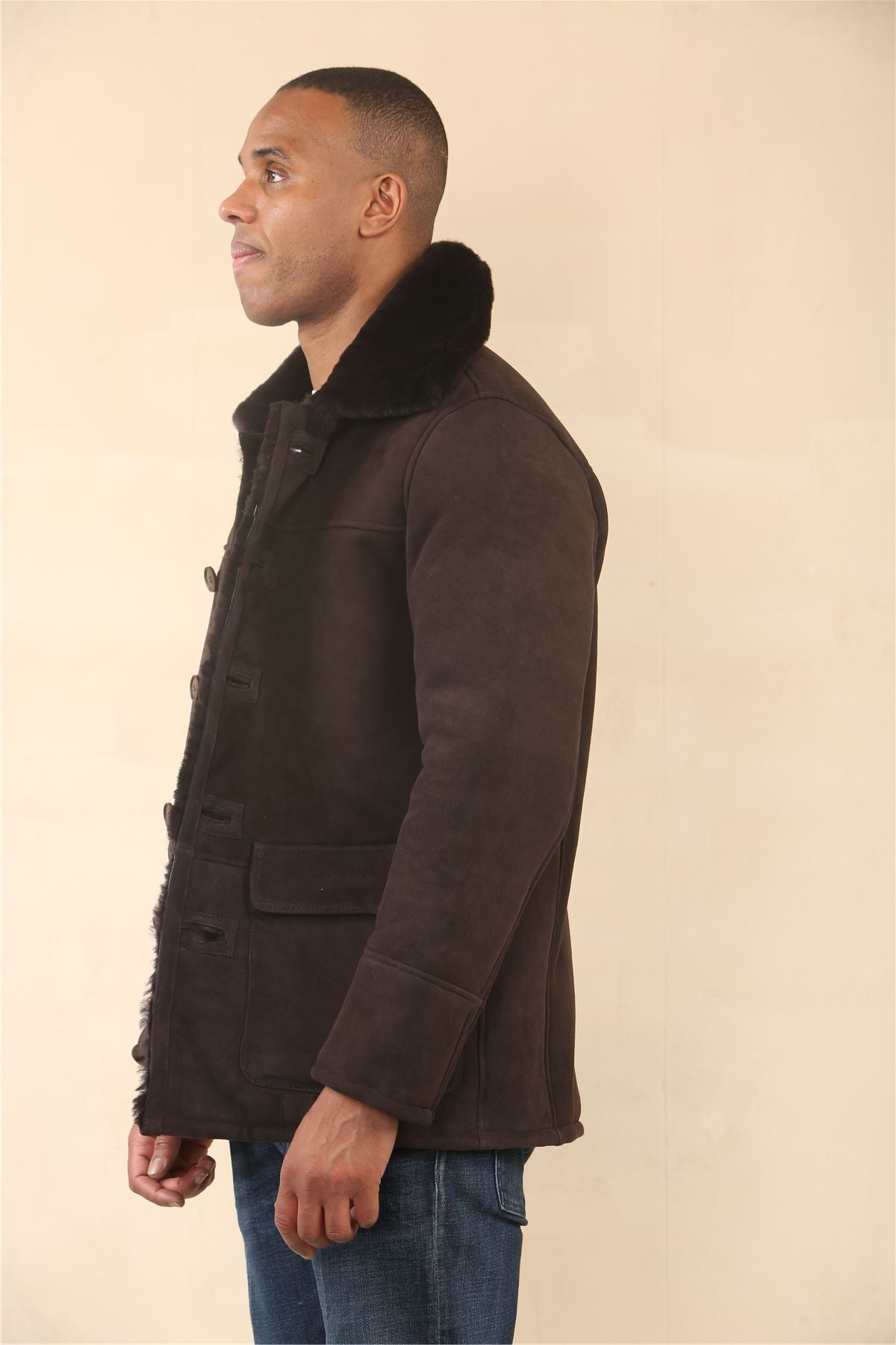Men's Brown Shearling Sheepskin Car Coat