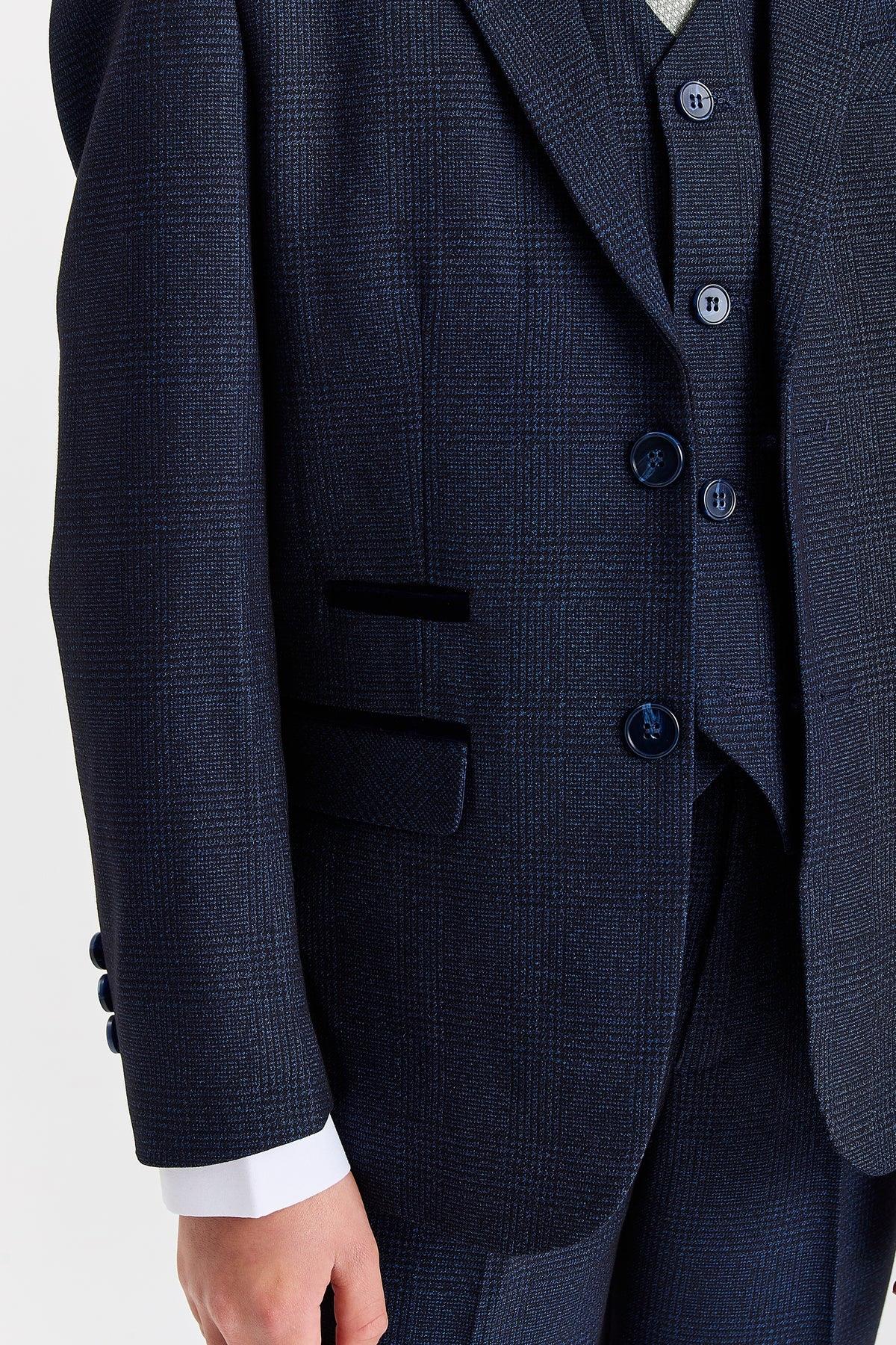 Regent - Boys Navy Blue 3 Piece Prince Of Wales Checked Suit
