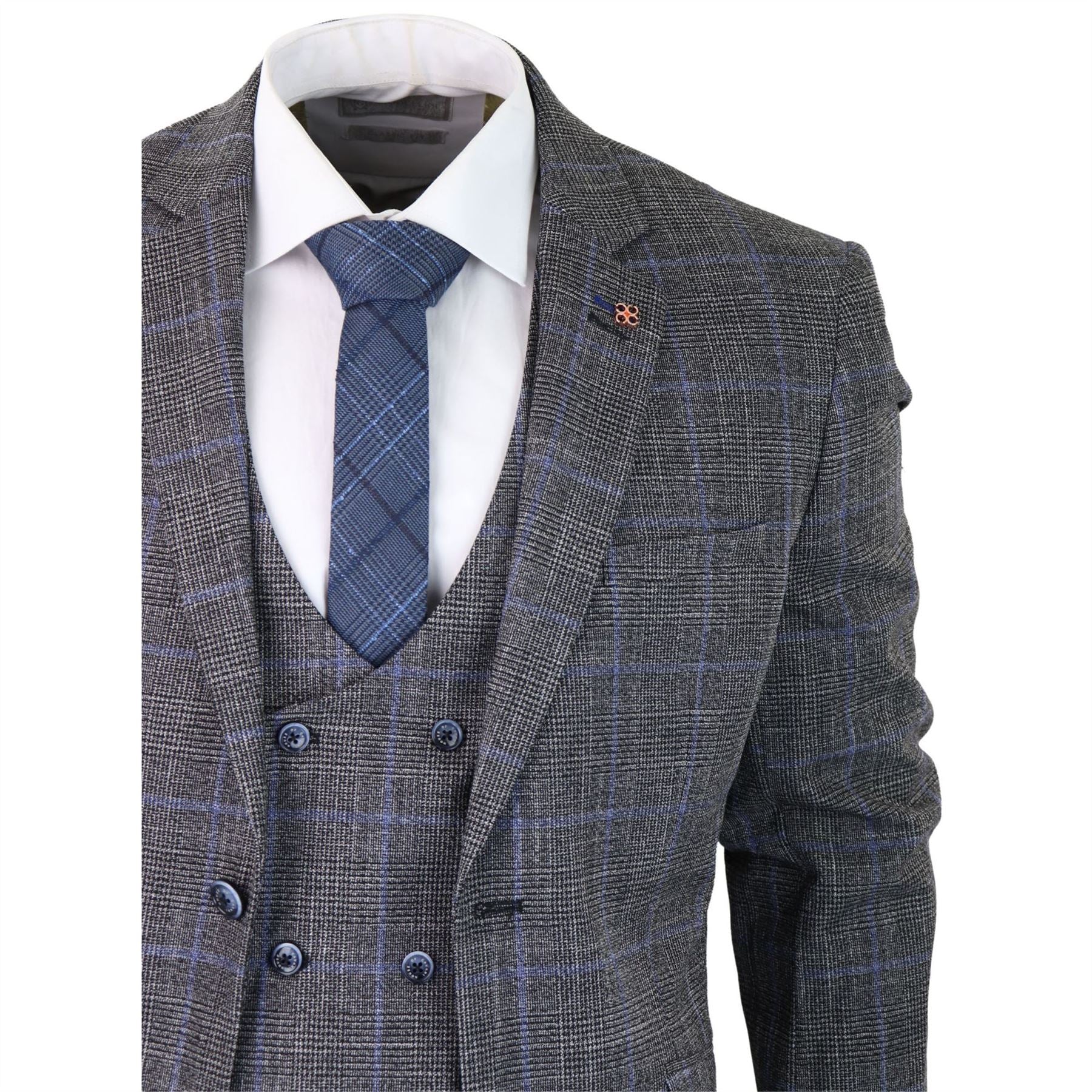 Mens 3 Piece Tailored Fit Suit Check Grey Blue Double Breasted Vintage Wedding
