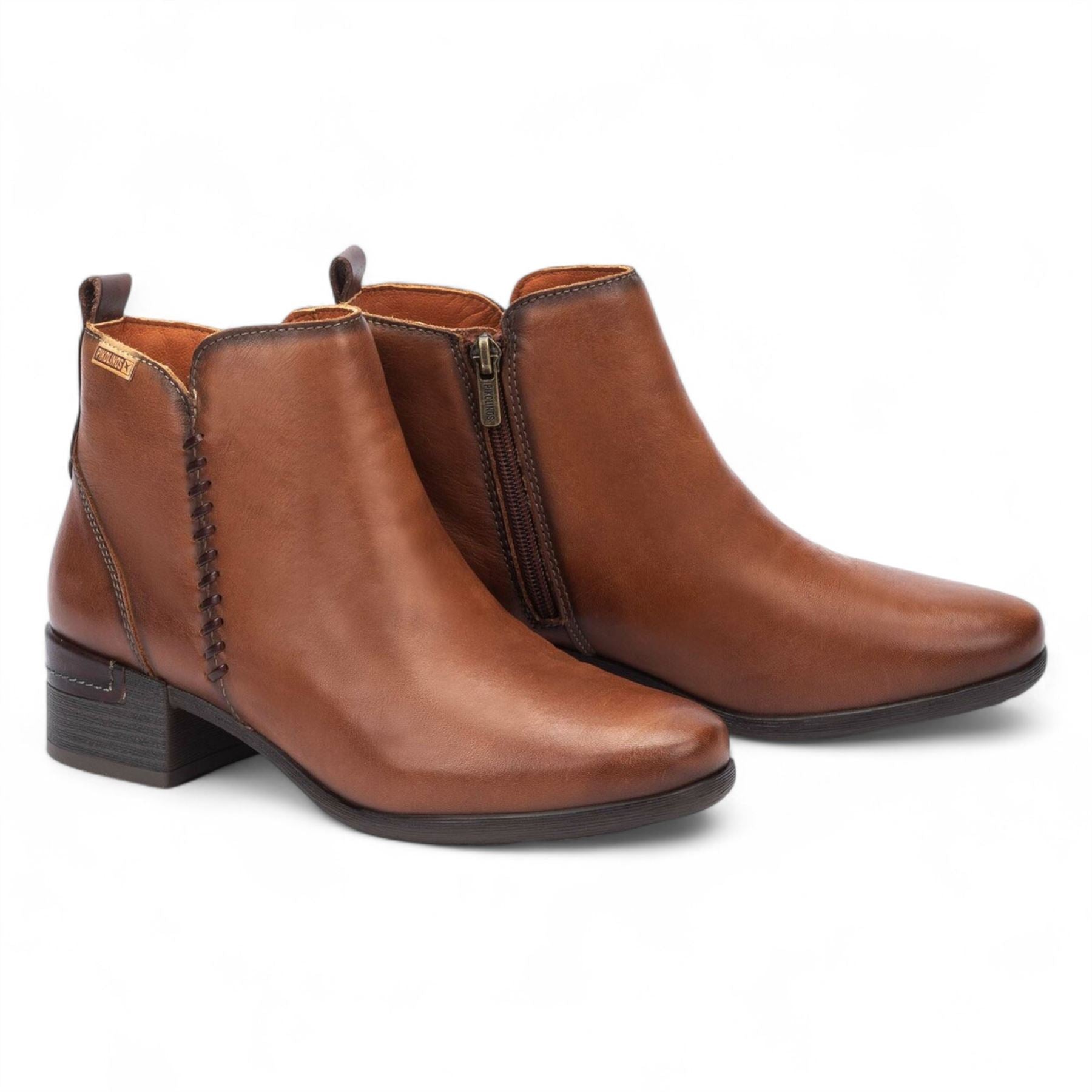Malaga - Women’s Brown Mid Heel Zip Leather Ankle Boots