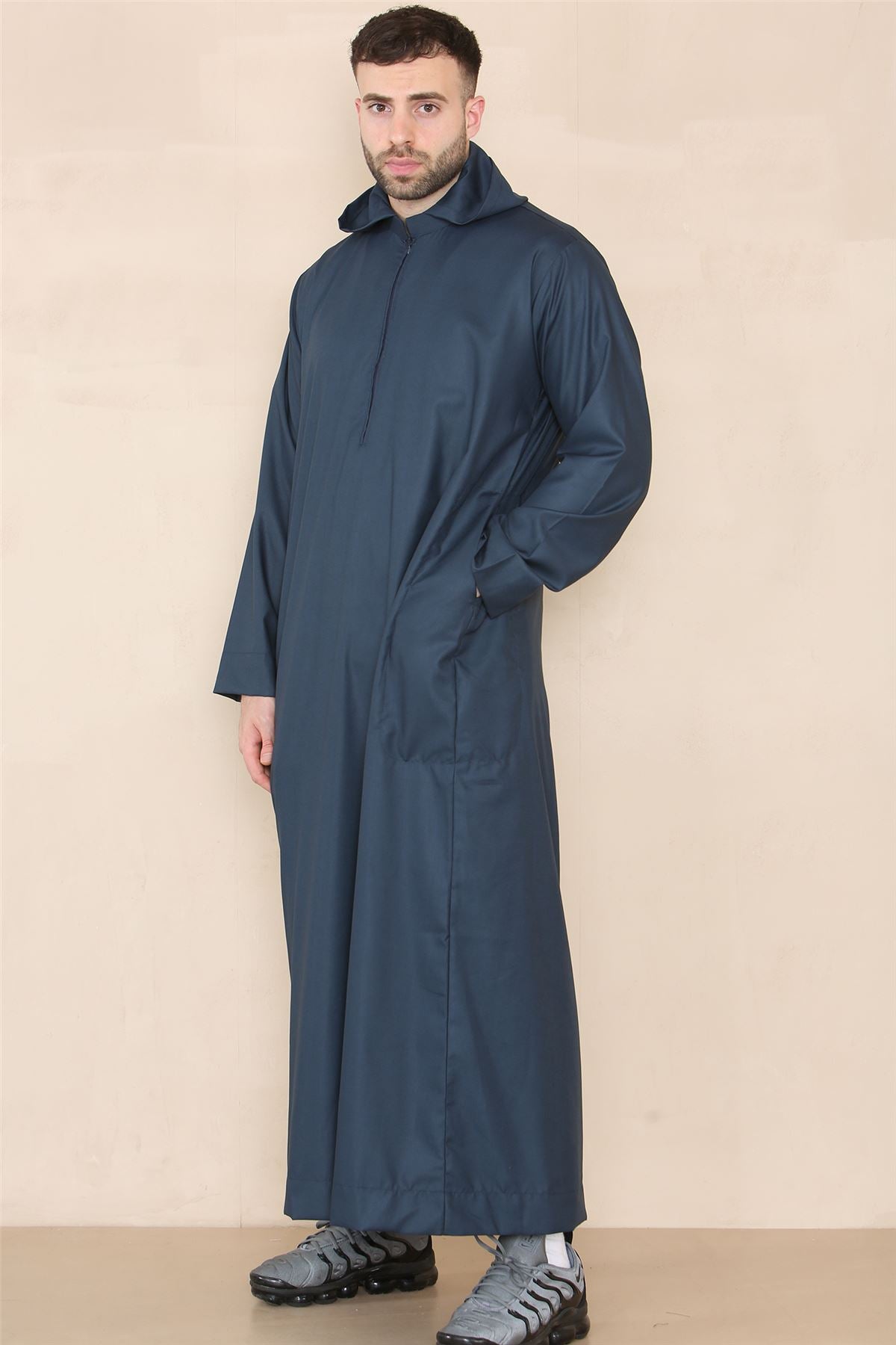 Mens Hooded Thobe Hood Jubba Nehru Stand Collar Islamic Clothing Muslim Kaftan Robe Saudi Slim Regular Fit