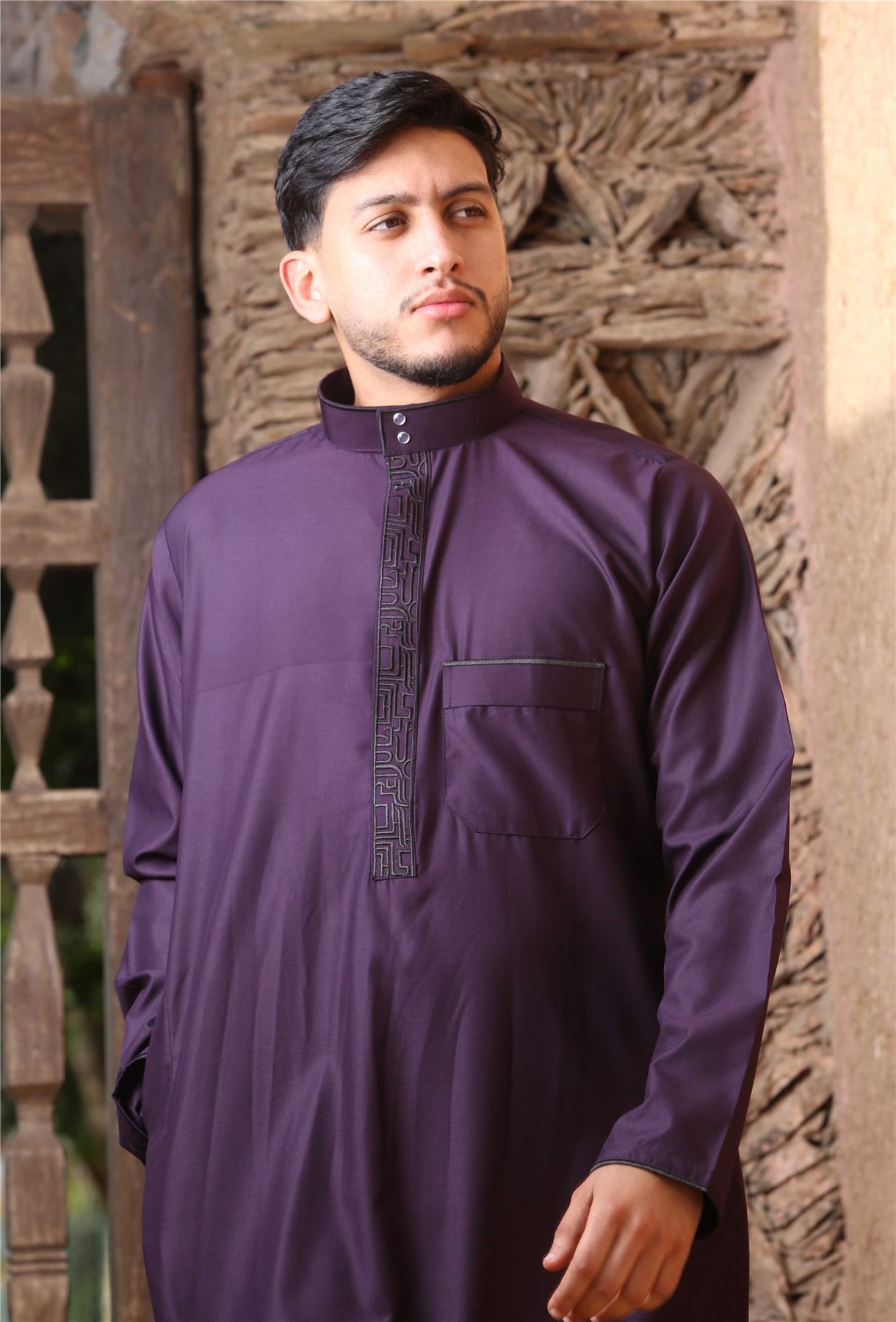 Mens Thobe Jubba Nehru Stand Collar Islamic Clothing Muslim Kaftan Embroidery Eid Robe Saudi | Purple