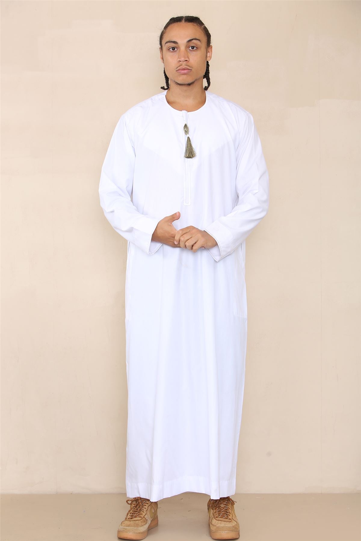 Mens Thobe Jubba Islamic Clothing Muslim Kaftan Emirati Omani Robe Arab Tassel