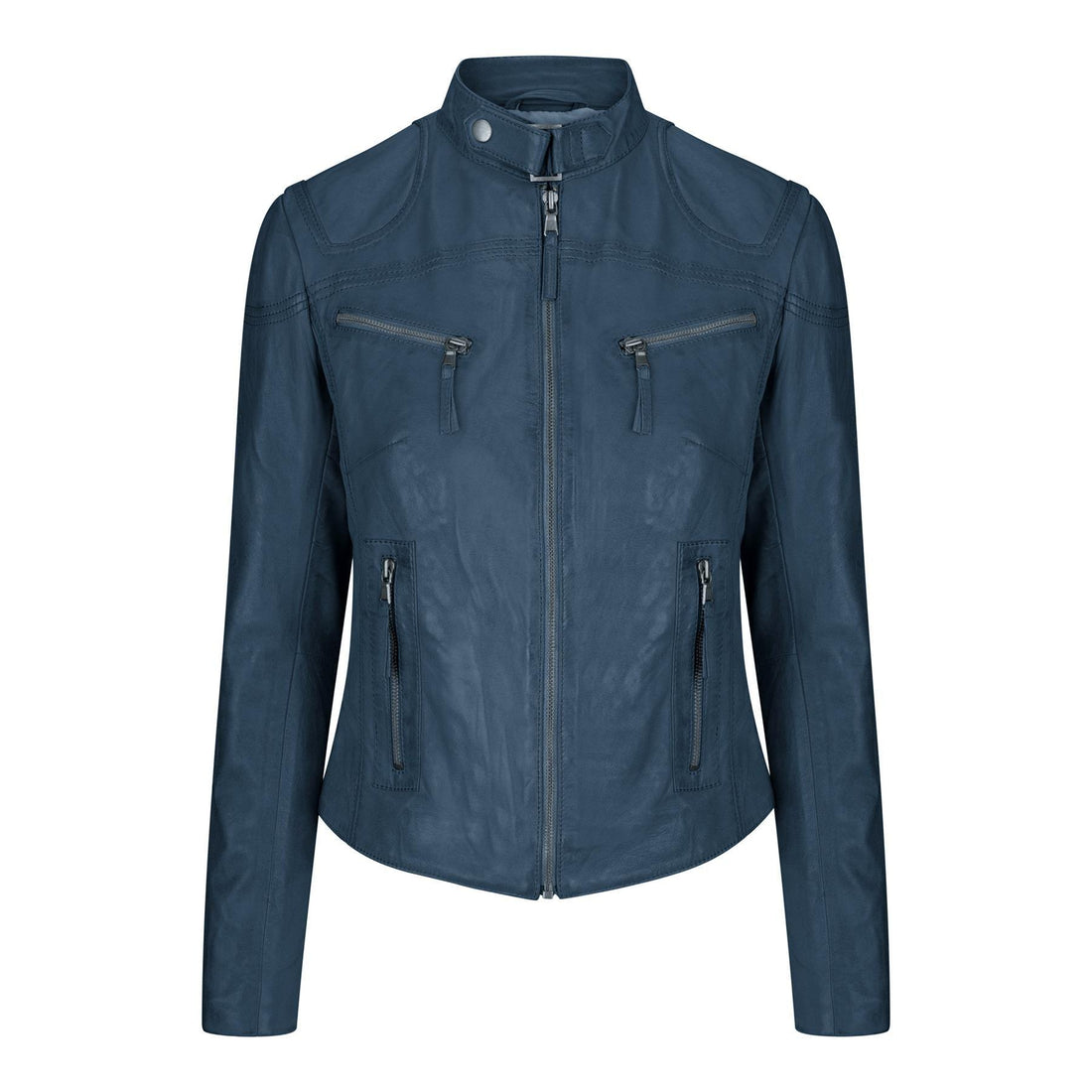 Ladies Women Genuine Real Leather Slim Fit Navy Biker Jacket - Knighthood Store