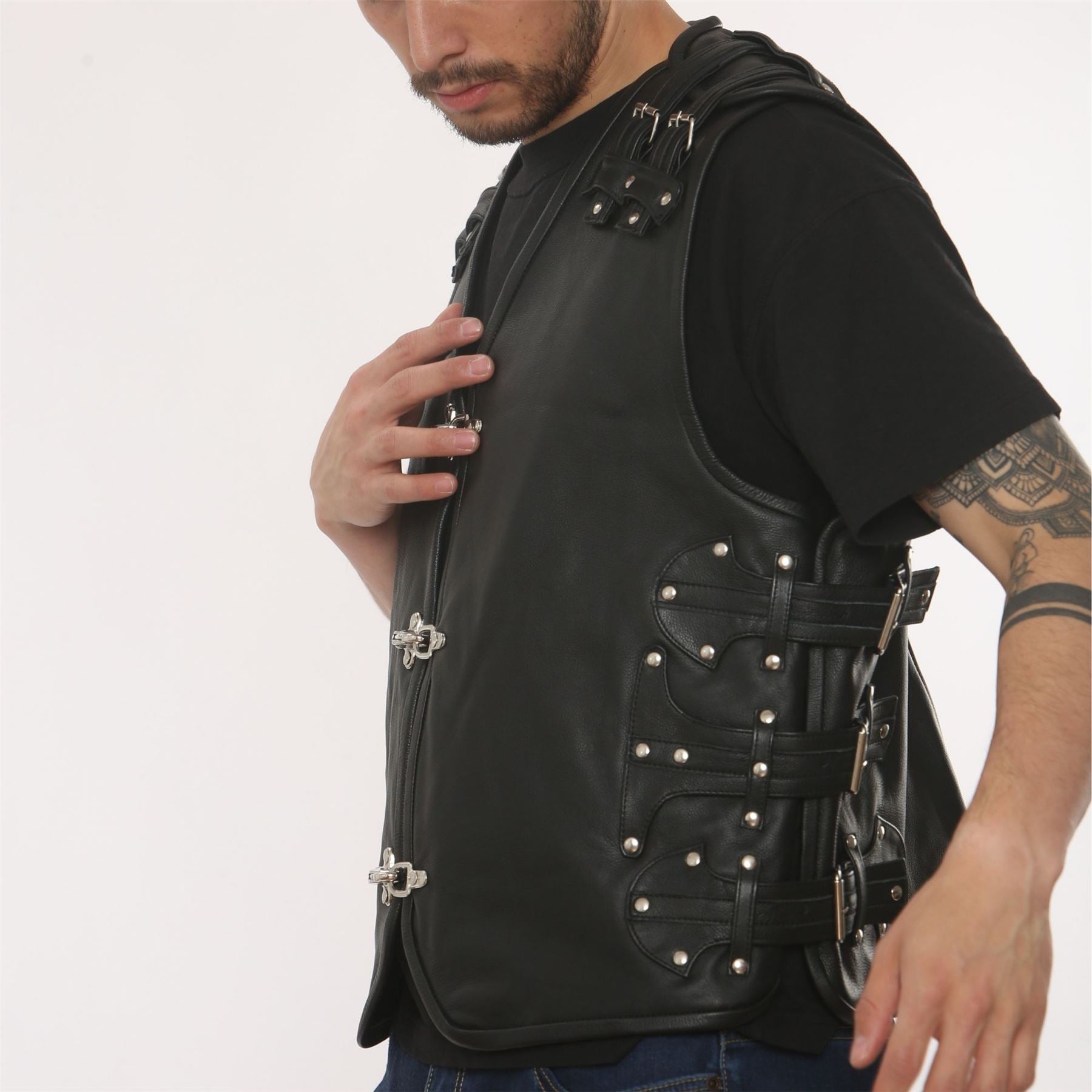 Men's Leather Motorcycle Vest Black Biker Waistcoat