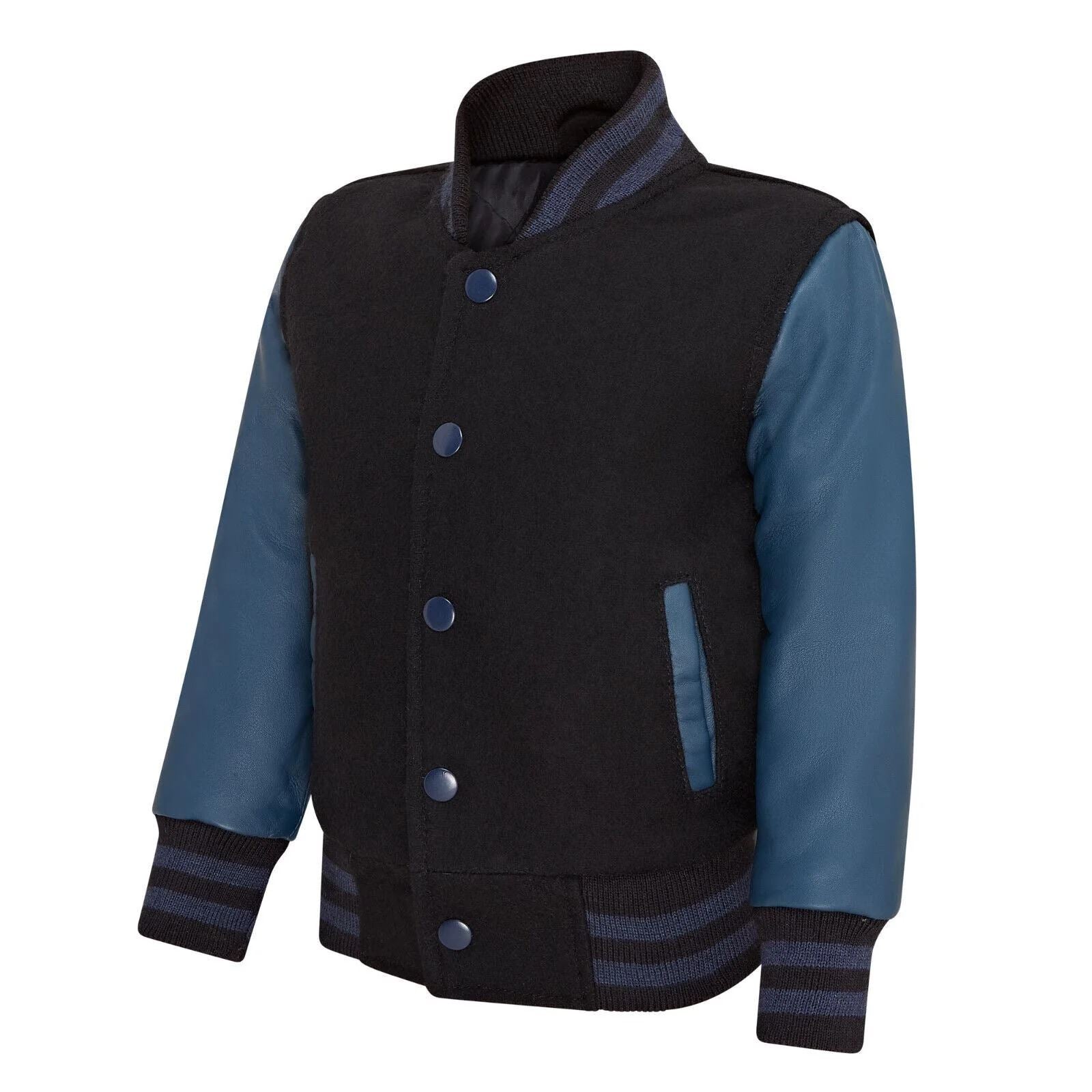 Kids Black Navy Varsity Bomber Jacket Wool Body Real Leather Sleeves