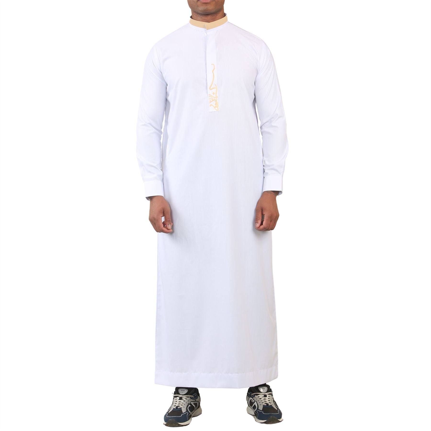 Men's Thobe Jubba Nehru Round Collar Islamic Clothing Muslim Kaftan Embroidery Eid Robe Saudi