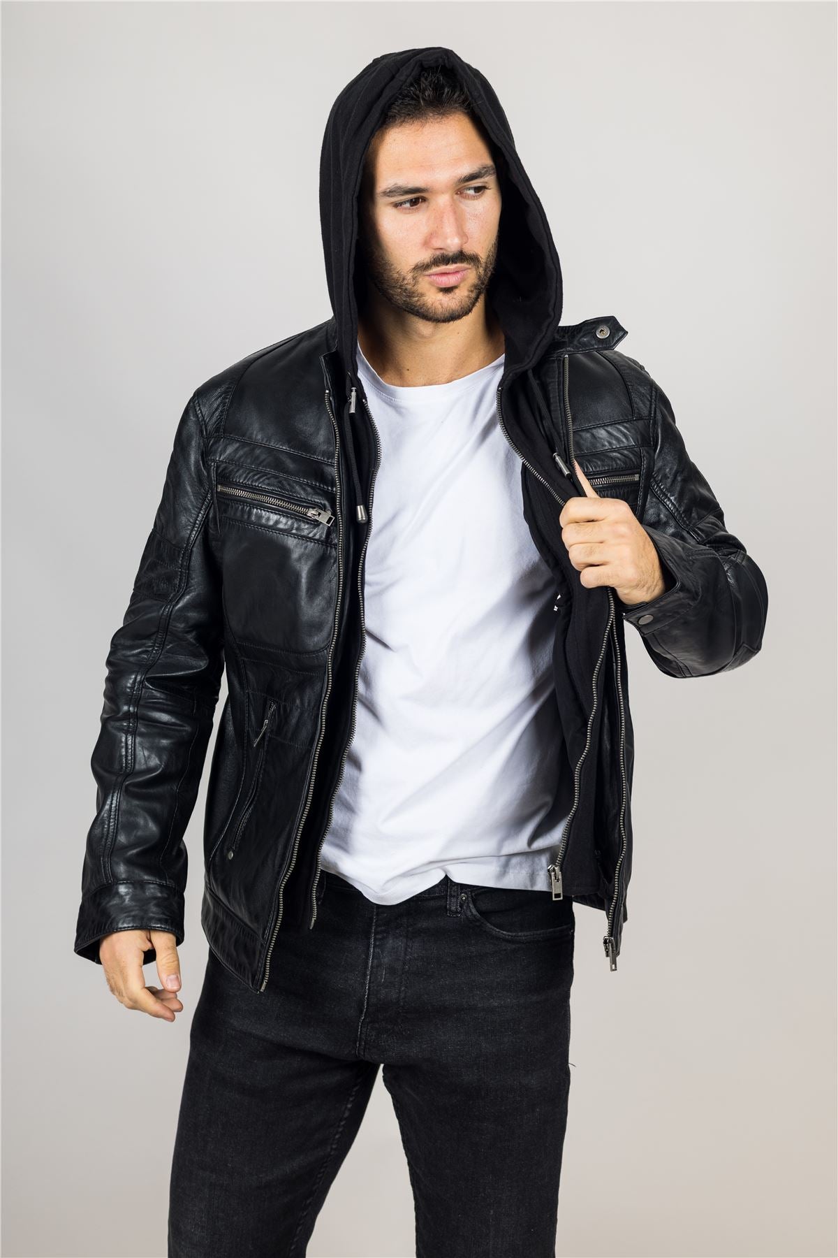 Men's Black Hooded Genuine Leather Motorcycle Biker Jacket