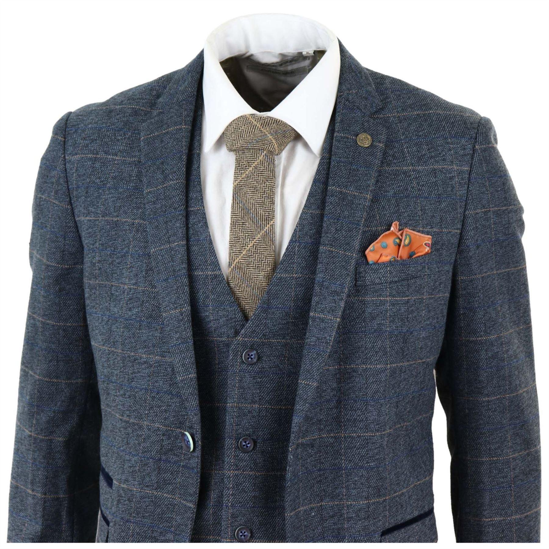 Mens Blue Check 3 Piece Suit Herringbone Tweed Vintage Tailored Fit Grey Velvet - Knighthood Store