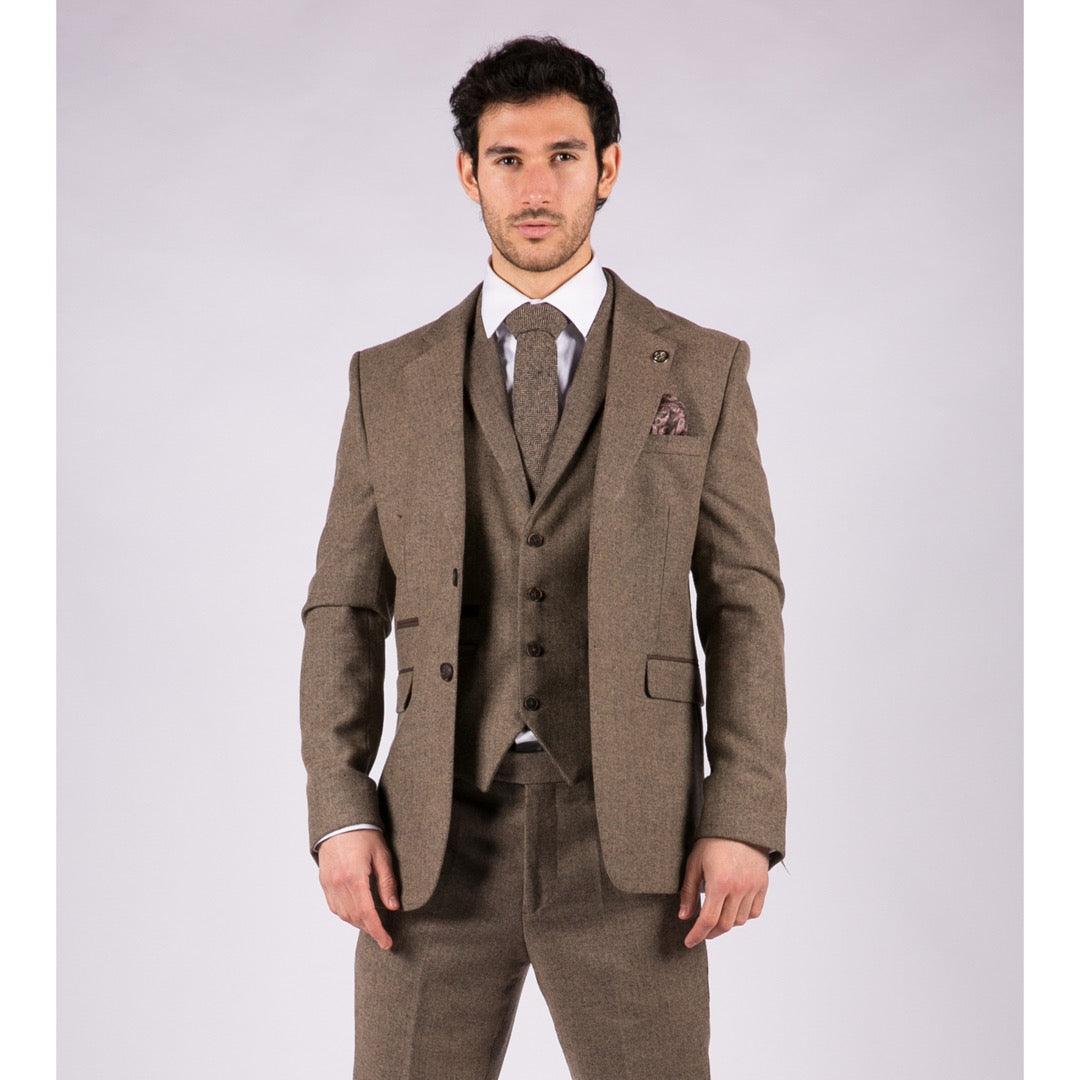 Mens Oak 3 Piece Tweed Suit Herringbone Wool Vintage Retro Fit - Knighthood Store