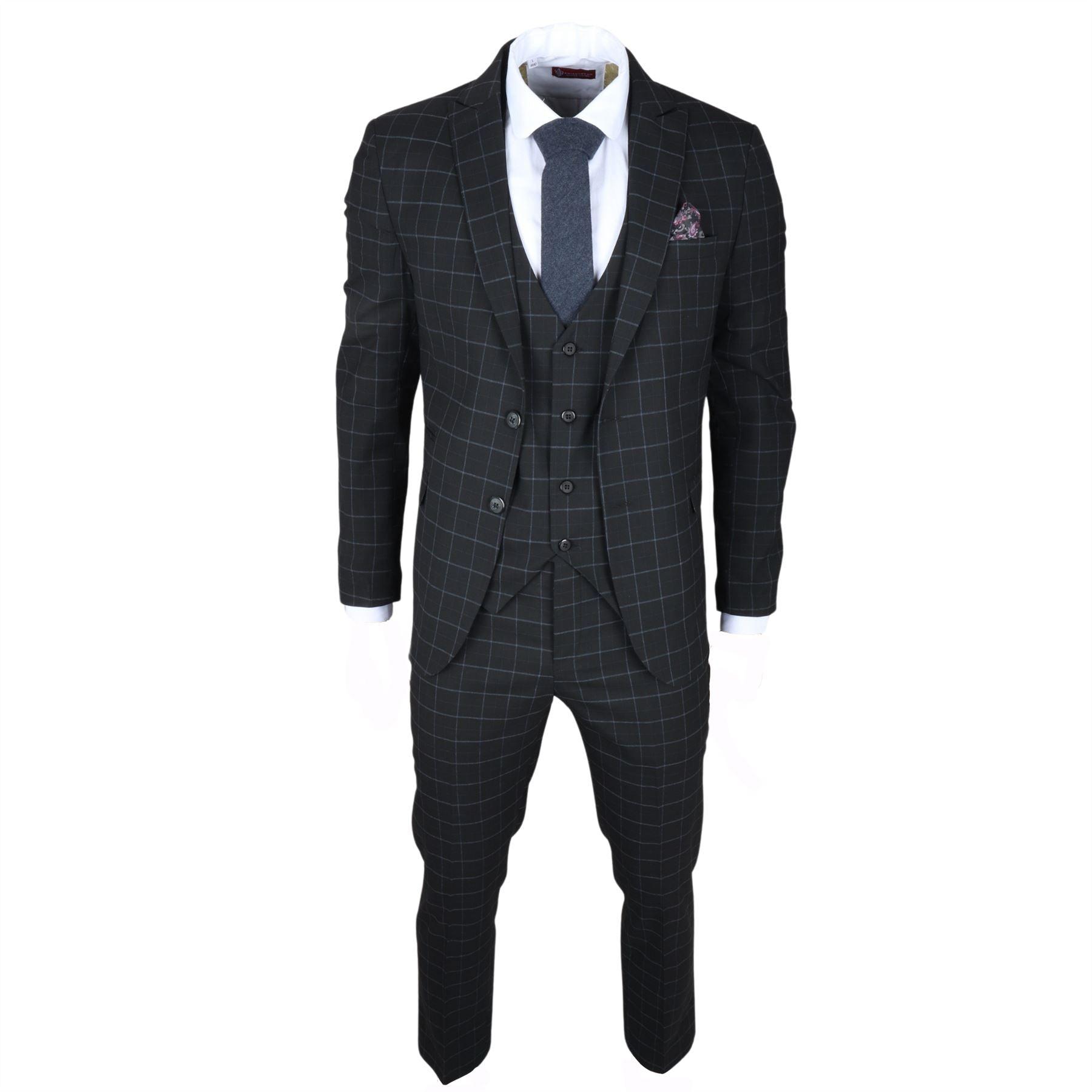 Men's Suit Black Checked Tailored Fit 3 Piece Formal Dress - Knighthood Store