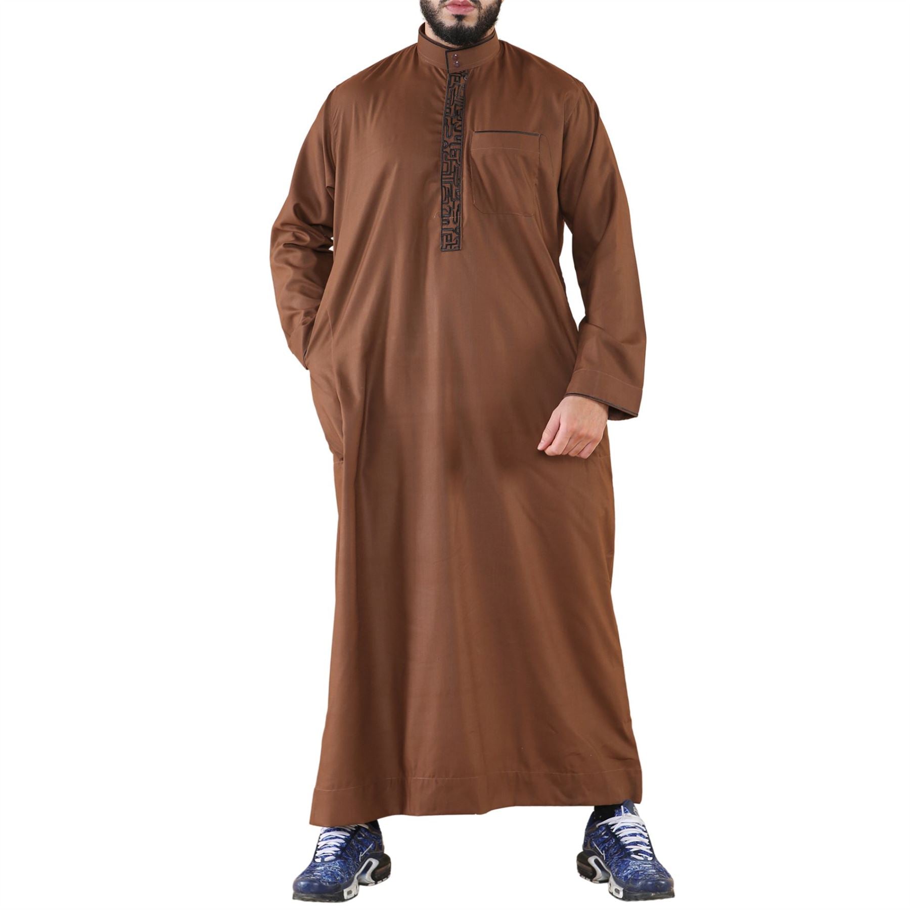 Mens Thobe Jubba Nehru Stand Collar Islamic Clothing Muslim Cotton Kaftan Embroidery Eid Robe Saudi