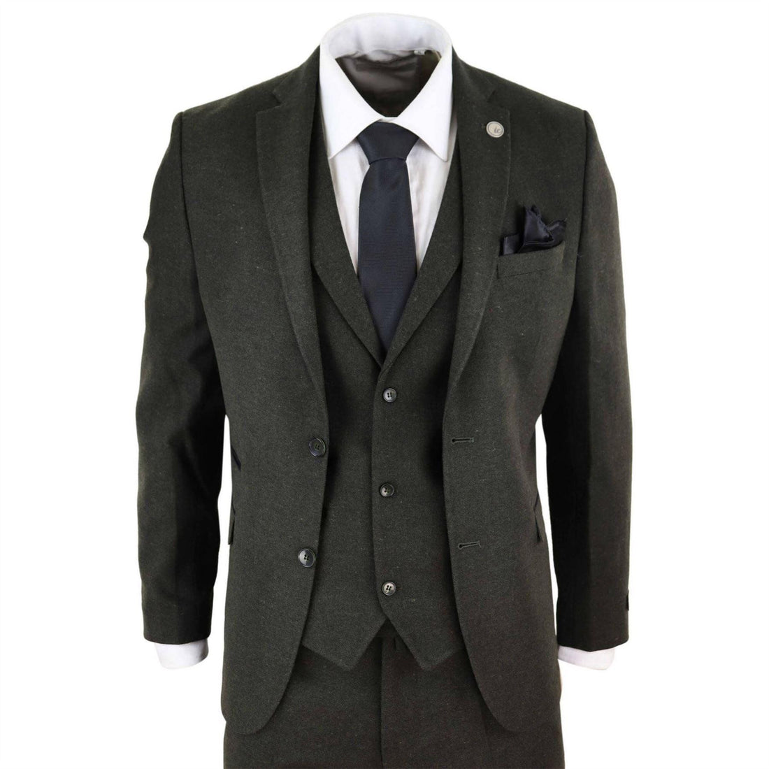 Mens Wool 3 Piece Suit Tweed Olive Green Black Tailored Fit Classic - Knighthood Store