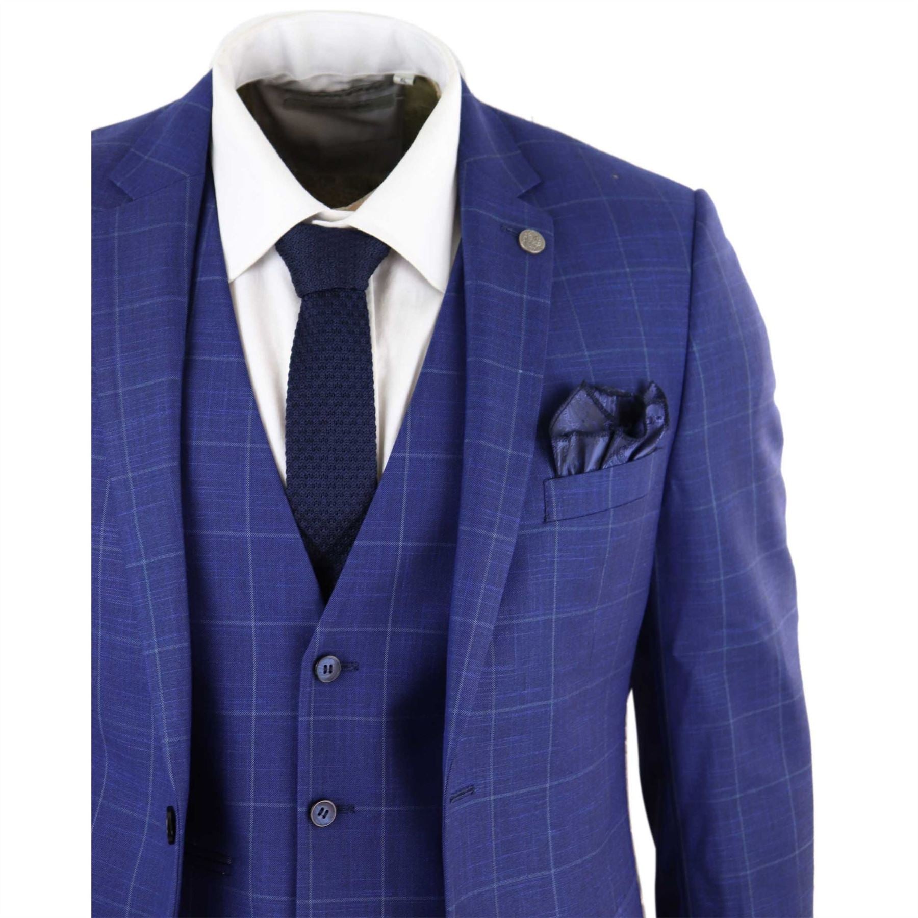 Mens 3 Piece Suit Royal Blue Prince Of Wales Check Suit Classic Wedding Formal