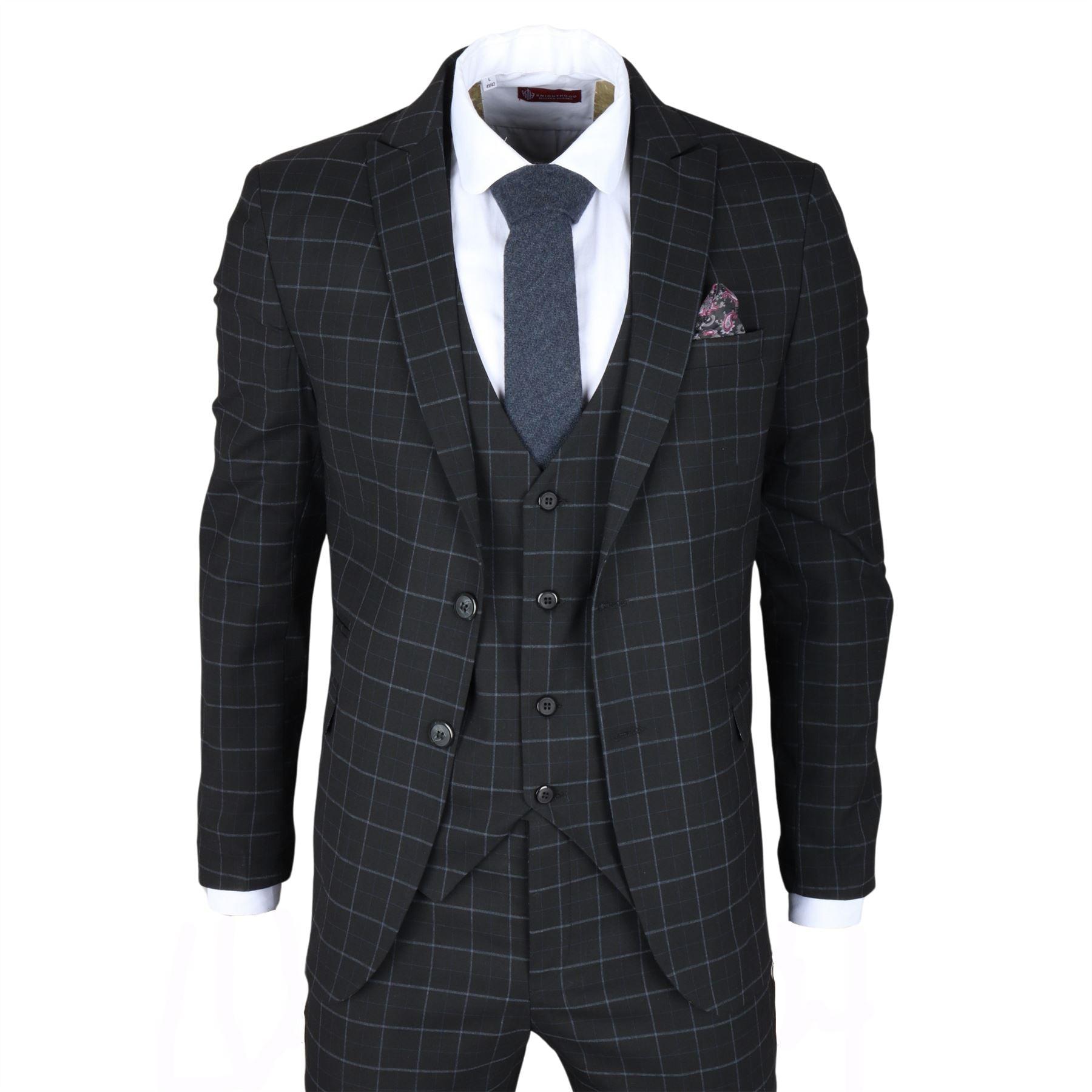 Men's Suit Black Checked Tailored Fit 3 Piece Formal Dress - Knighthood Store