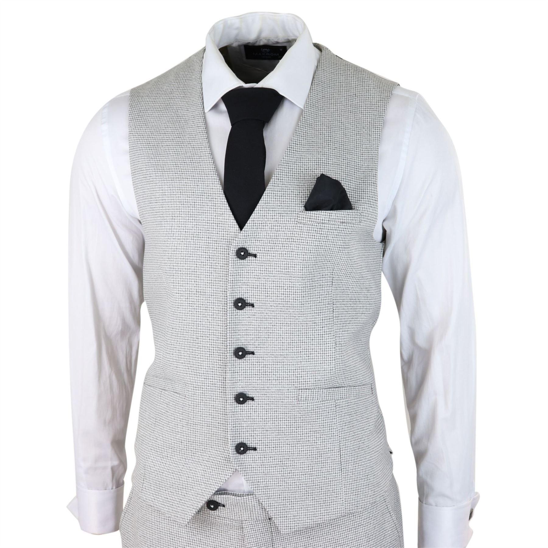 Mens 3 Piece Light Grey Black Check Suit Tailored Fit Retro Vintage Classic Smart - Knighthood Store