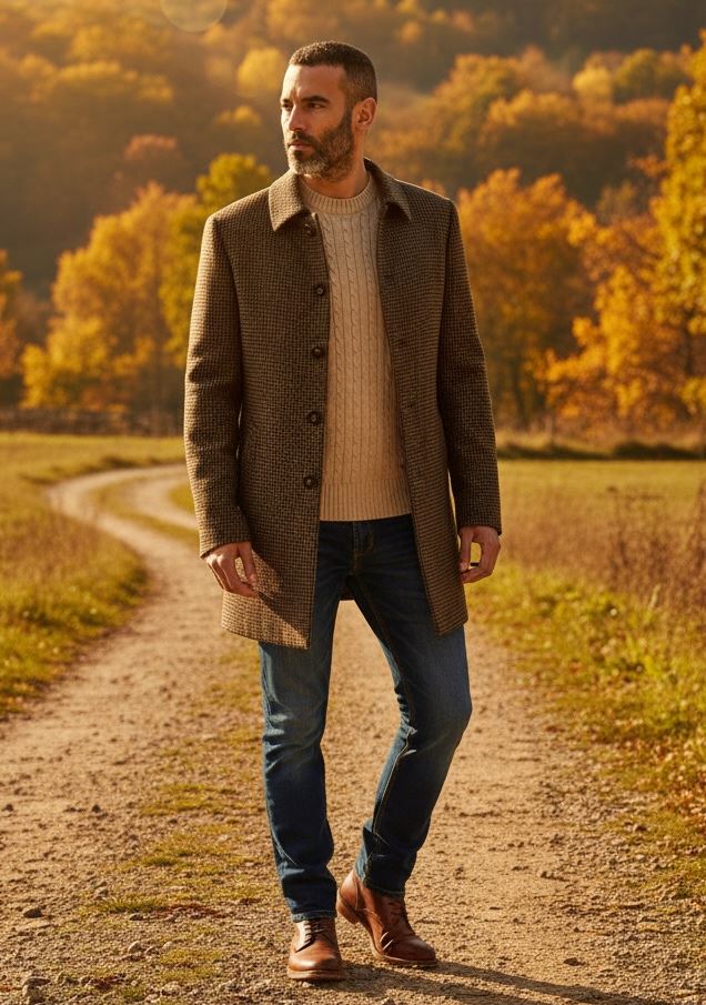 Pearson - Men's Brown Wool Blend Houndstooth Tweed Overcoat