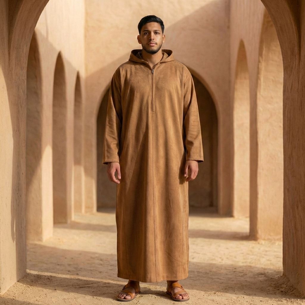 HM12 - Men's Hooded Suede Thobe Emirati Omani Zipped Thobe