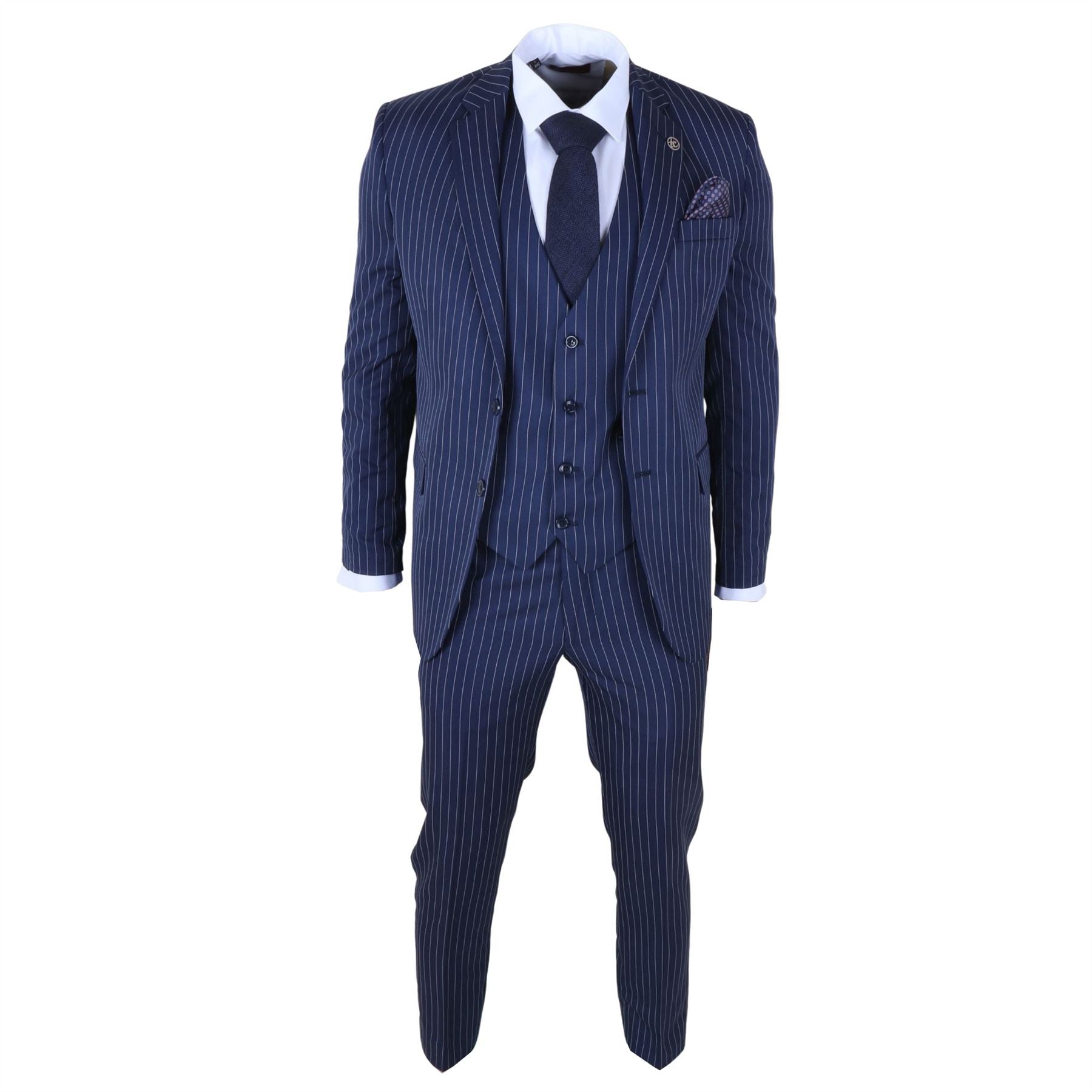IM43 - Men's Classic Pinstripe 3 Piece Navy Blue Suit