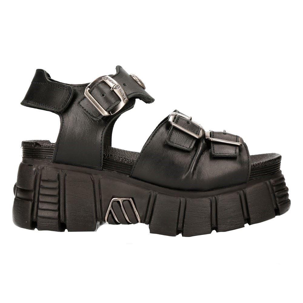 New Rock M-BIOS101-C2 Unisex Metallic Black 100% Leather Sandal Punk Rock Boots - Knighthood Store