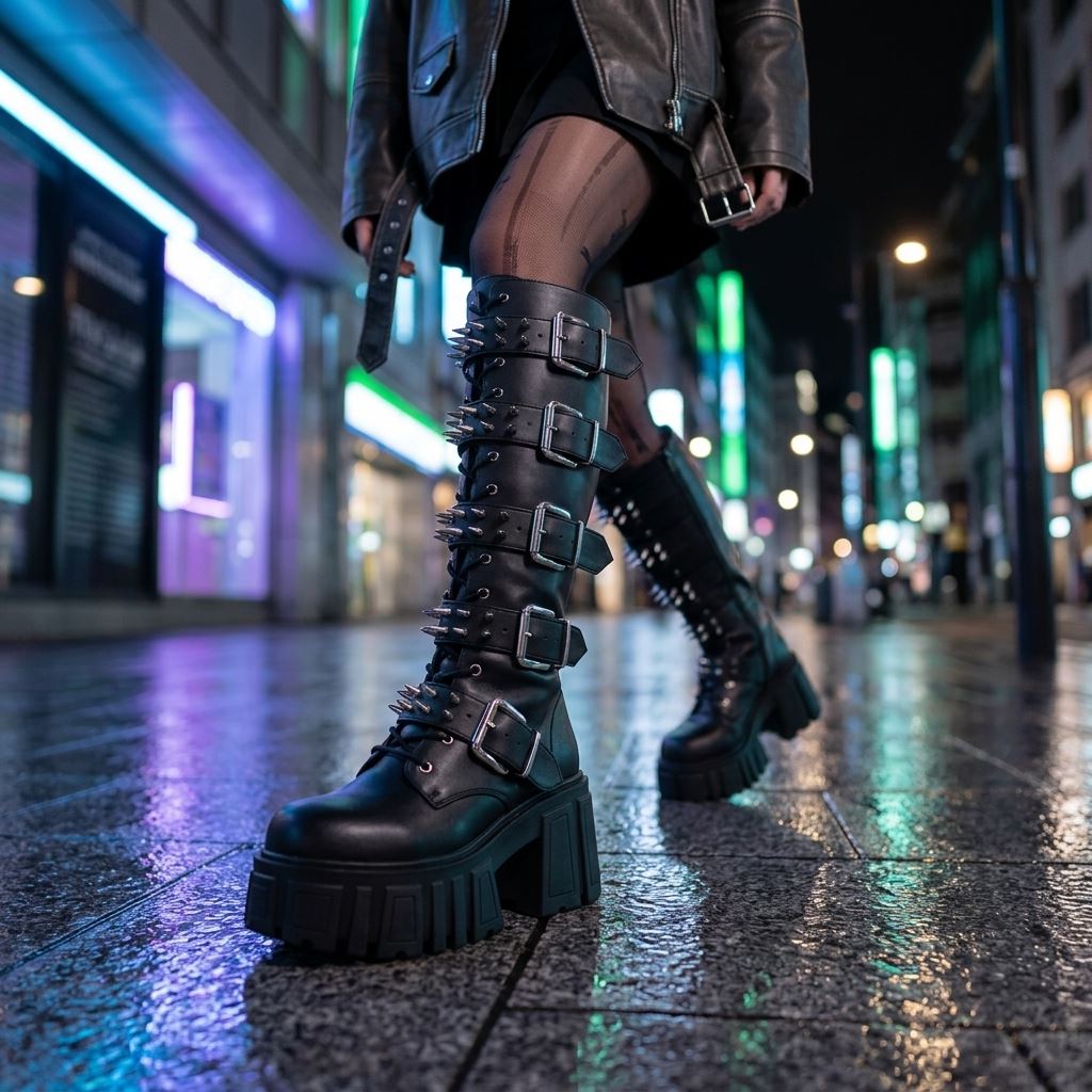 Women's Black Vegan Leather Knee-High Platform Combat Goth Punk Boots