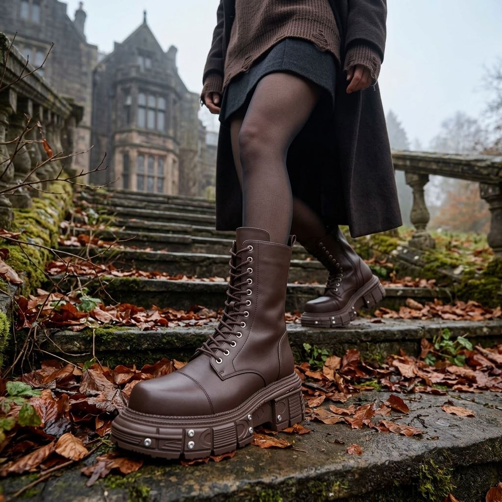 Women's Brown Vegan Leather Platform Mid-Calf Combat Boots