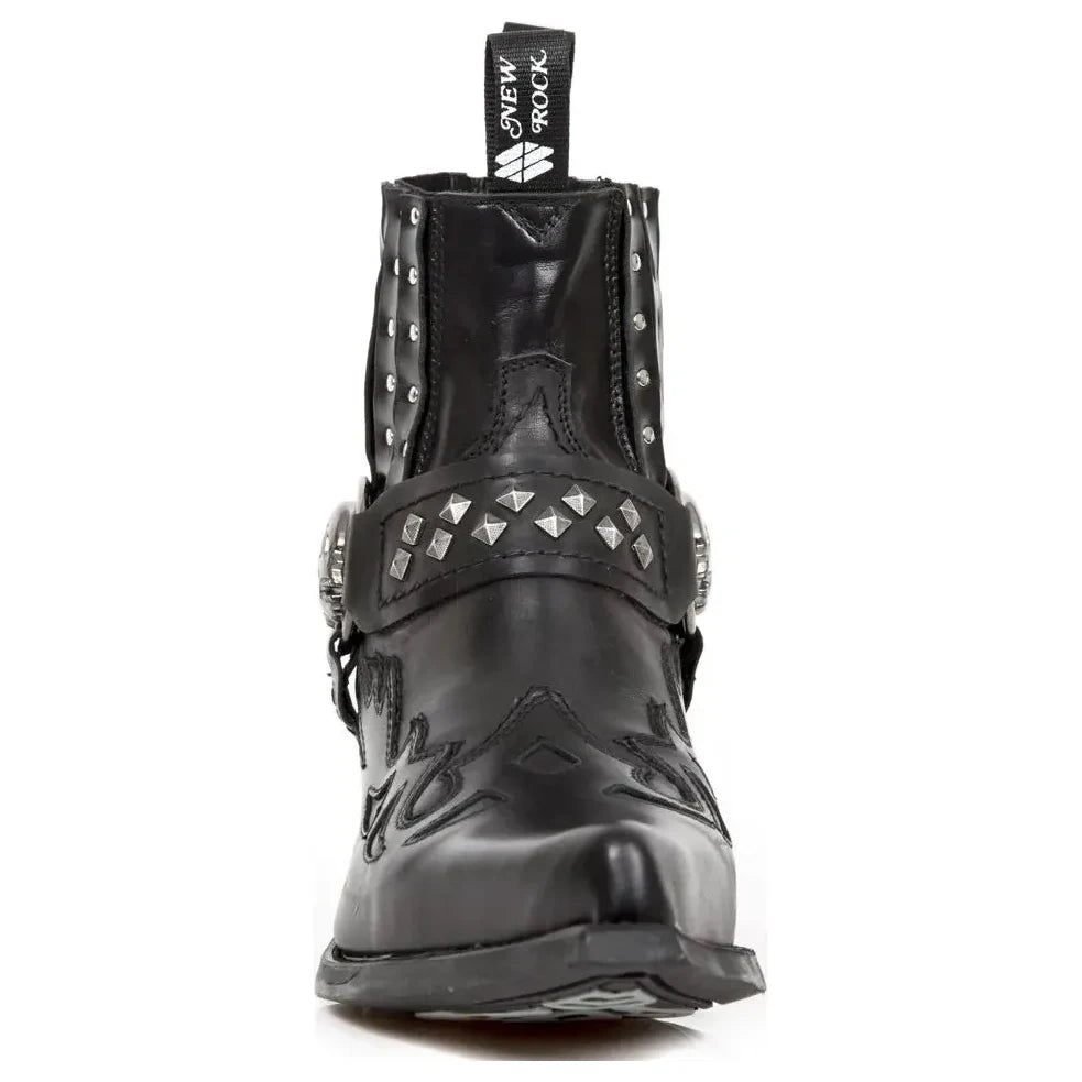 Men's New Rock M.7950-S1 Black Ankle Boots Western Goth Skull Stud